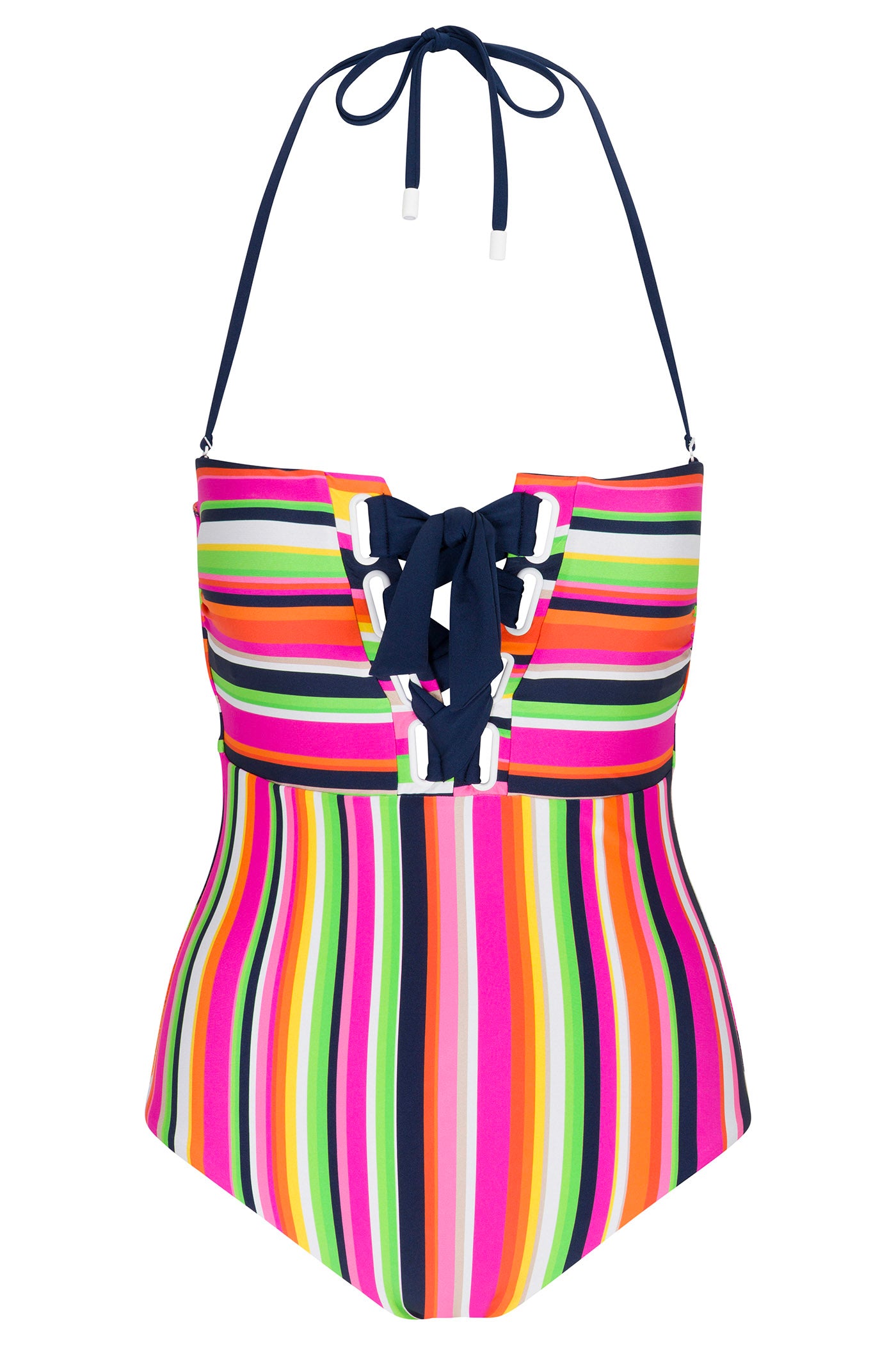 The Bandeau One-Piece Swimsuit - Splash Stripe features vibrant vertical stripes in pink, orange, yellow, green, blue, and black with a navy lace-up front and matching halter straps.