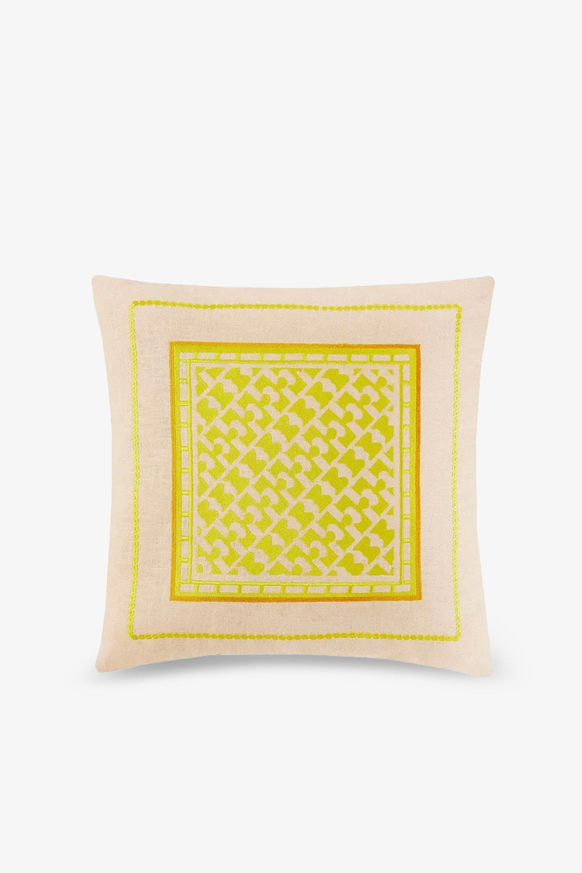 The Montecito Embroidered Square Pillow features a cream background with a yellow and green geometric houndstooth pattern, bordered by yellow lines and centered on the down feather pillow.