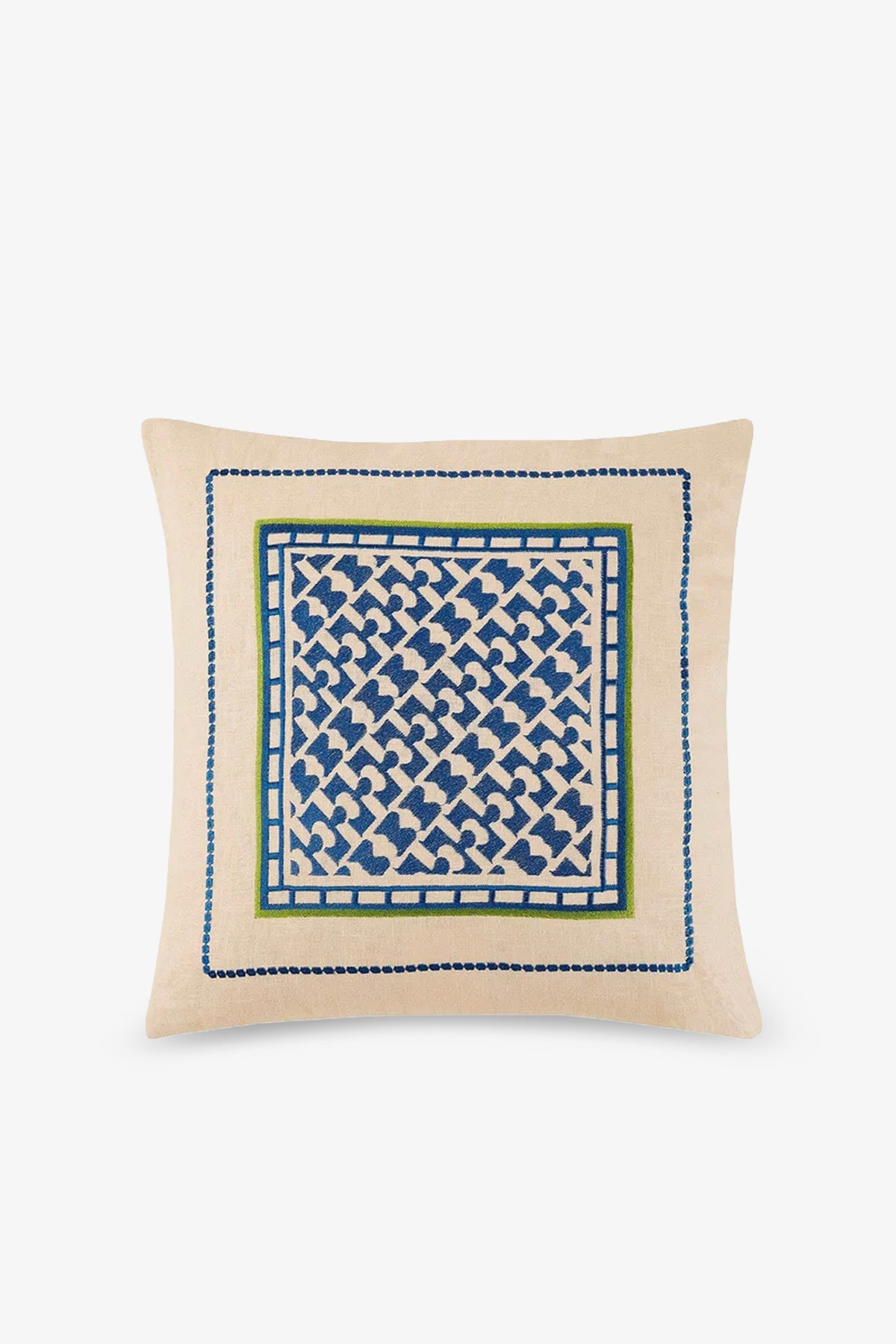 The Montecito Embroidered Square Pillow features a beige base with blue and green geometric embroidery at the center, accented by a decorative border for a modern, artistic touch.