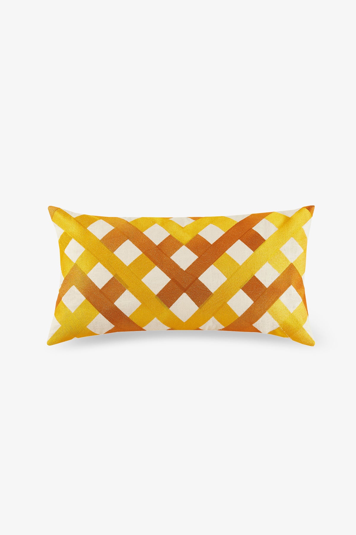 Oceanside Embroidered Lumbar Pillow featuring a yellow and orange crisscross lattice pattern on white, displayed on a plain white surface.