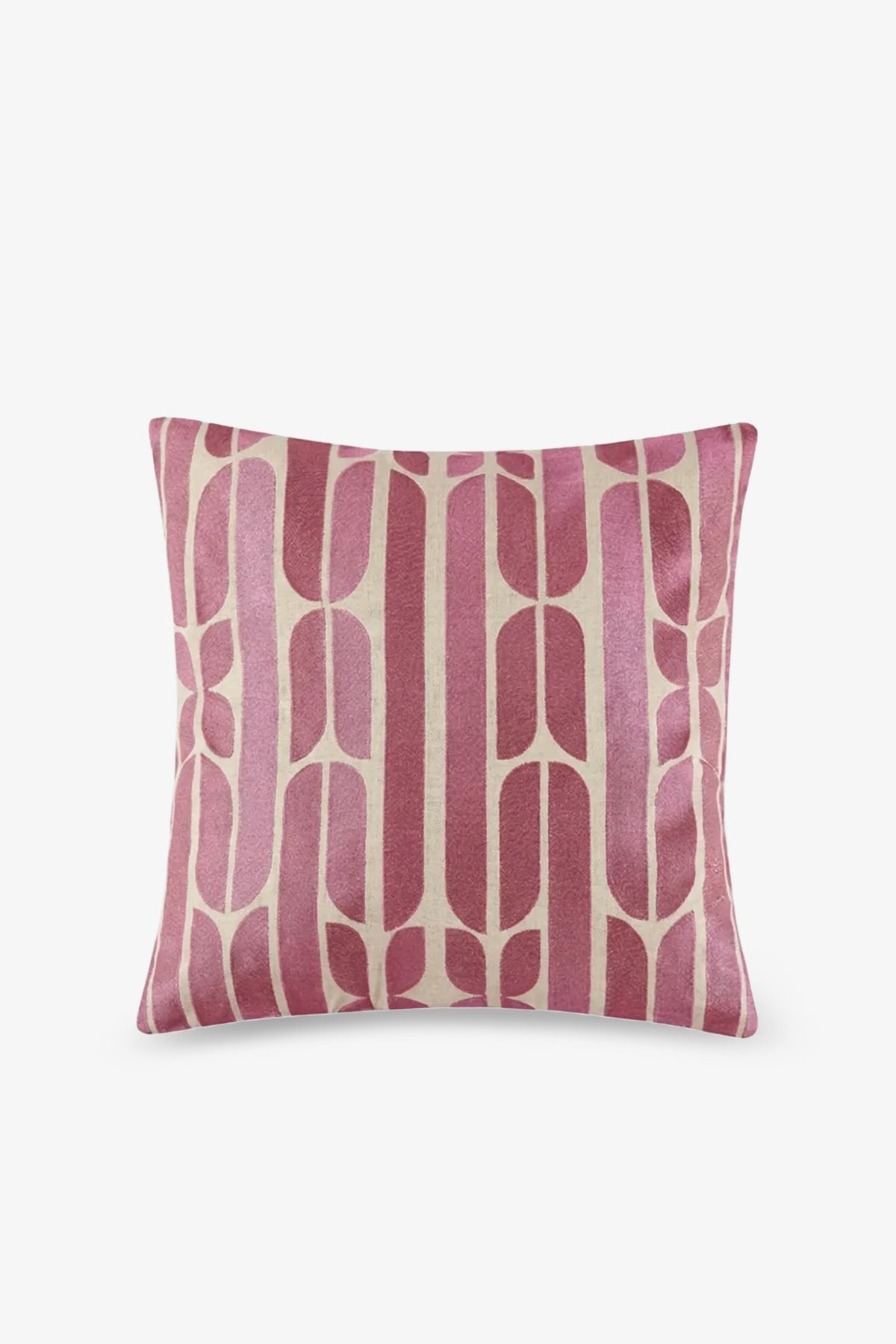 Palmdale Embroidered Square Pillow with an ombré pink and beige geometric pattern featuring vertical and oval shapes on a light background, shown against a plain white backdrop.