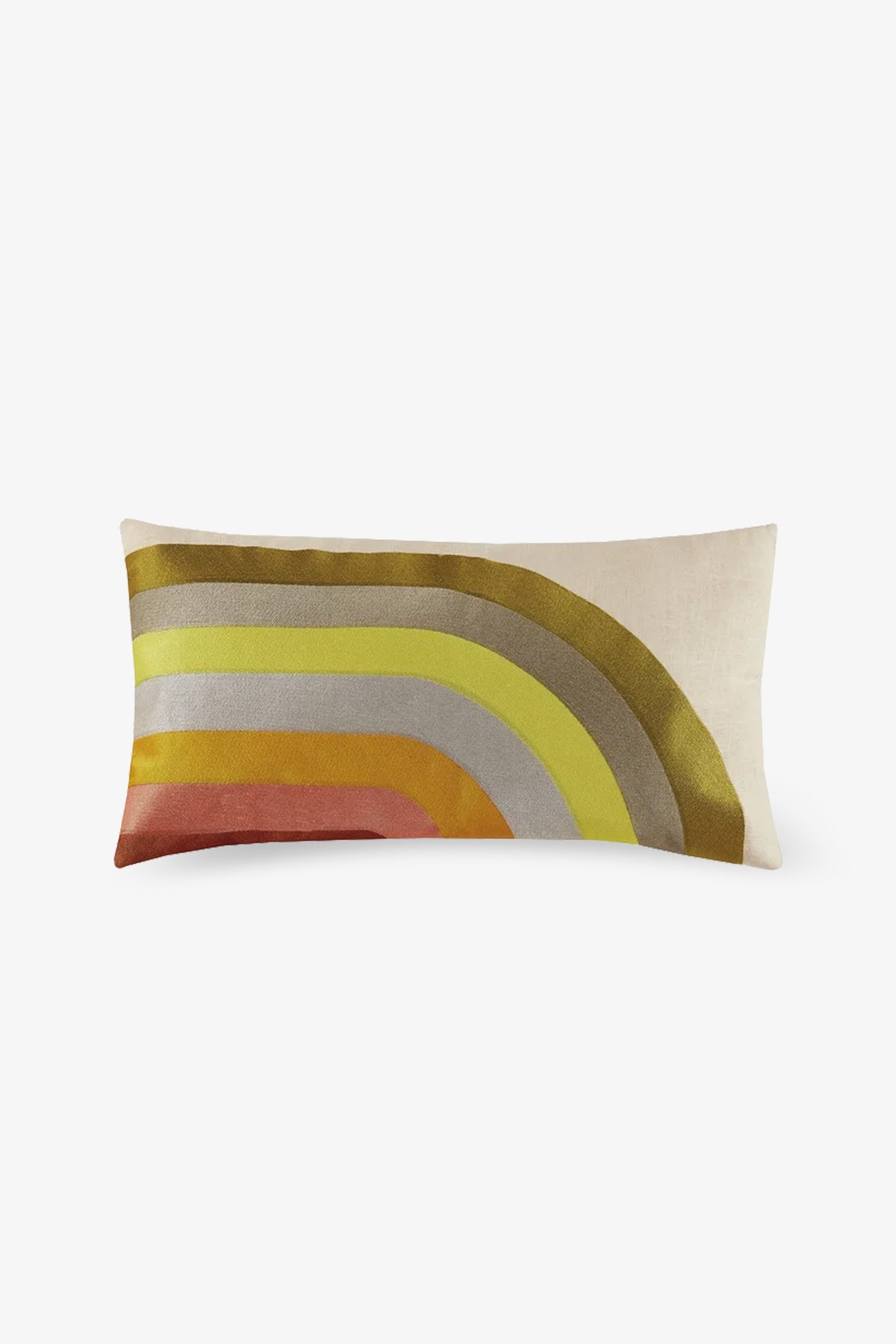 The Calistoga Embroidered Lumbar Pillow features a cream background with retro curved stripes in brown, yellow, green, gray, and orange on one side.