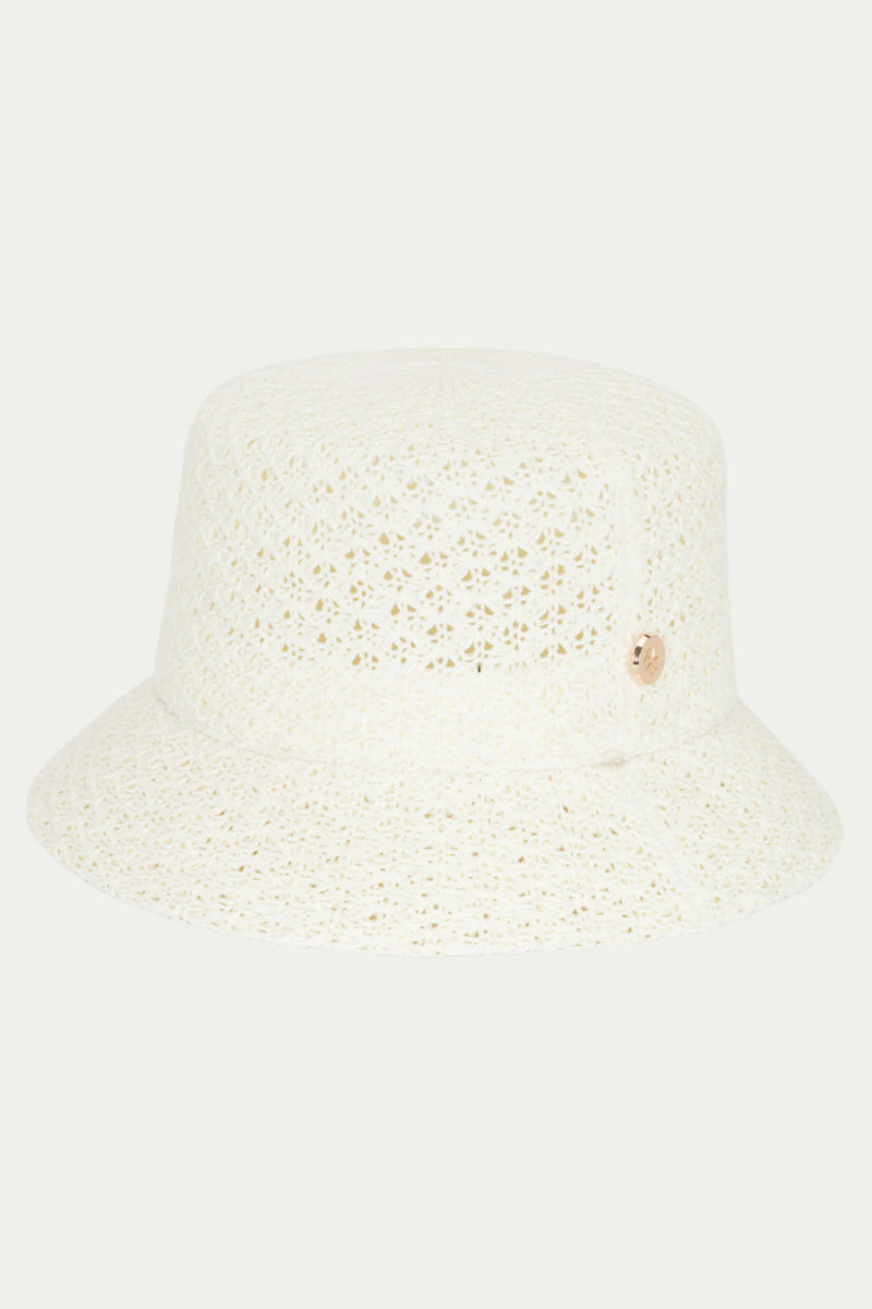 The TT Palm Cream Knit Bucket Hat is a cream-colored, knit bucket hat featuring a small round button on the side, displayed against a plain light background.