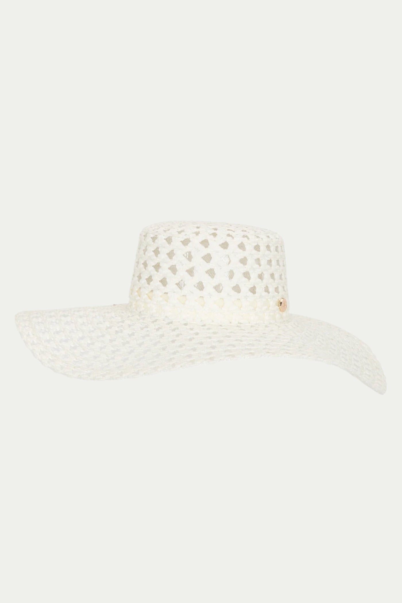 The TT Poolside Gossip White Wide-Brim Sun Hat features a flat crown and small circular cutouts in its woven straw material, shown against a plain light background.
