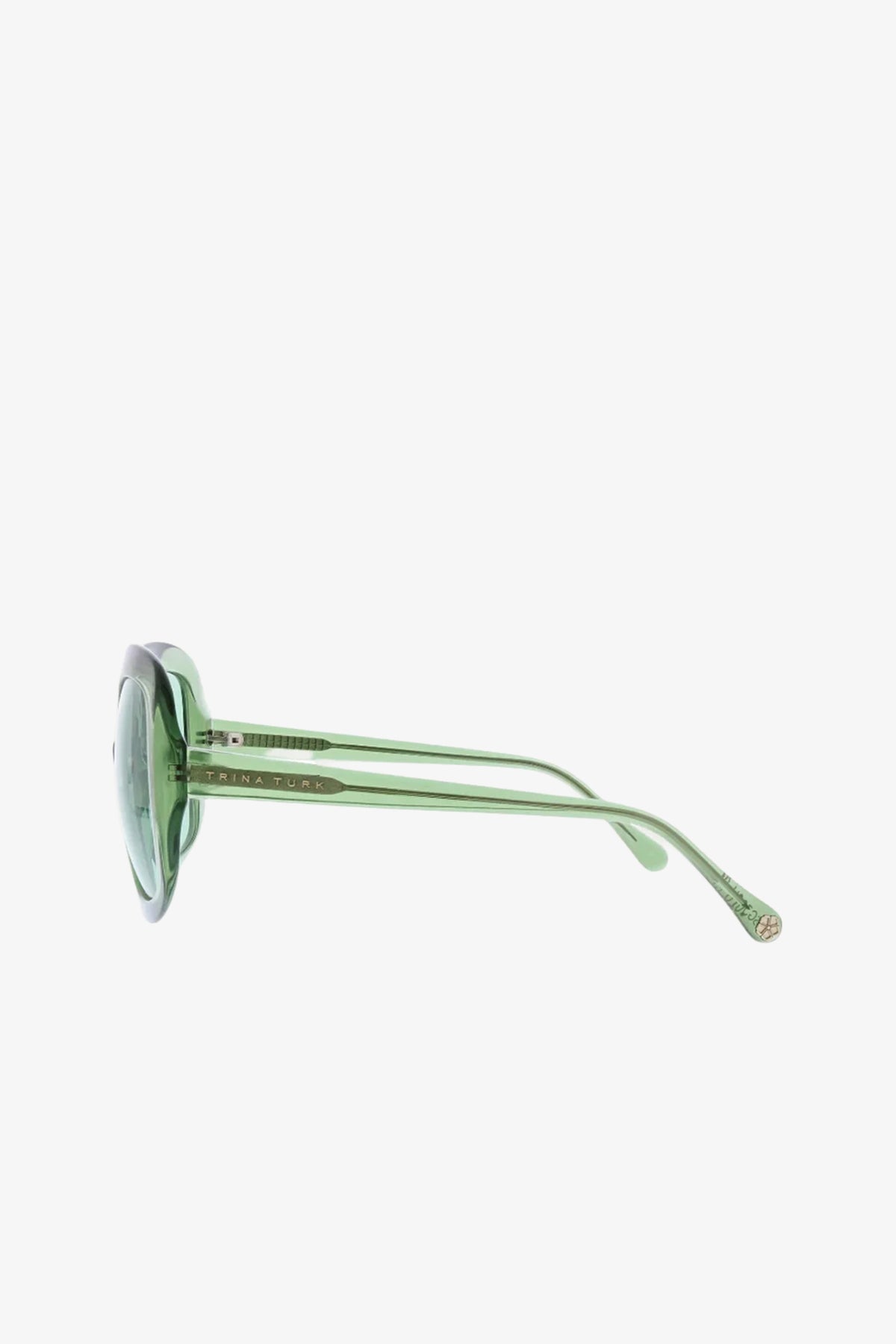 Side view of the Bedarra Sunglasses in green, featuring semi-transparent round frames and thin arms, set against a plain white background.