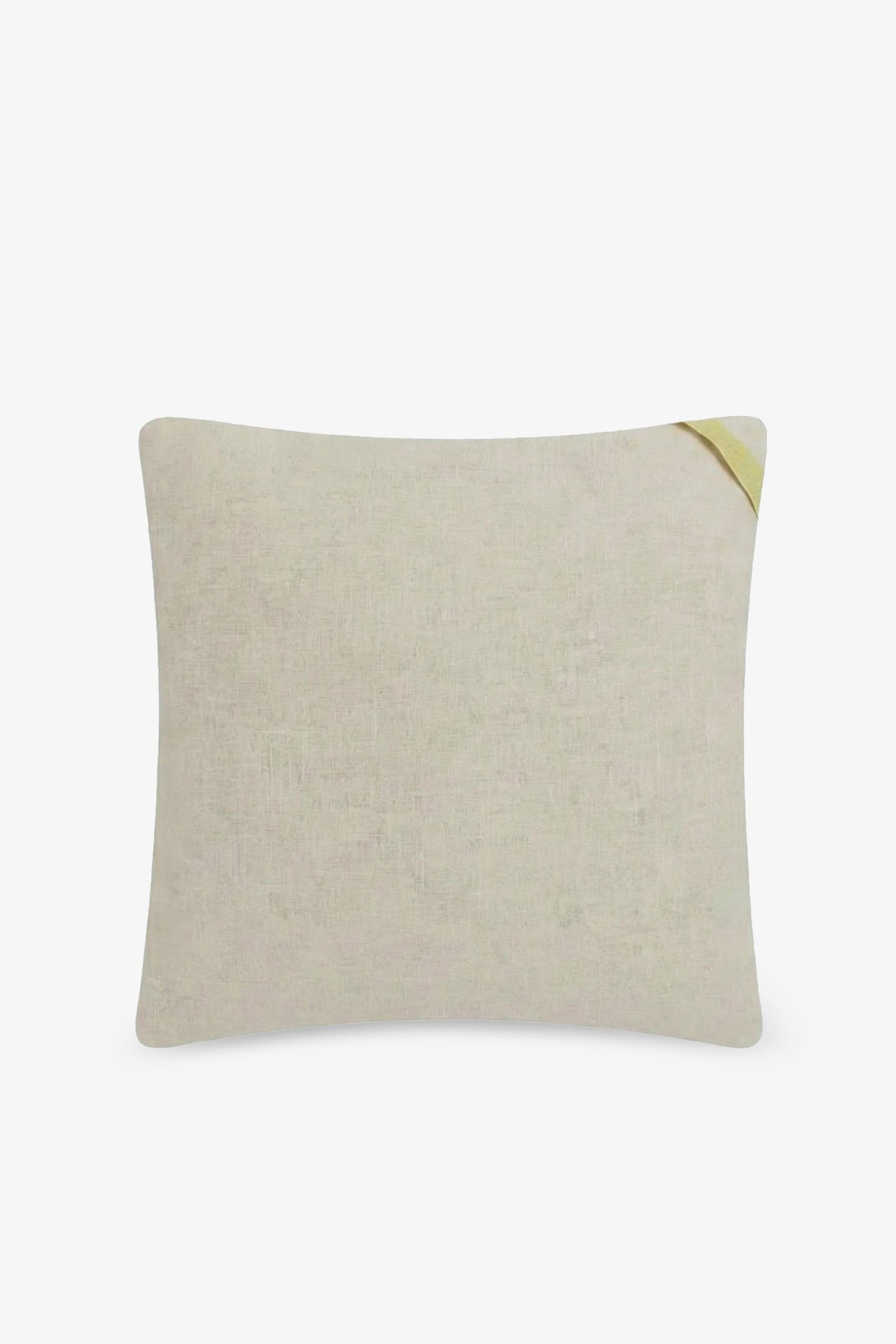 The Calexico Embroidered Square Pillow is a rectangular beige pillow with a subtly textured fabric and a small yellow corner tag, shown against a white background. It features a 20″x20″ pillow cover and plush down feathers for enhanced comfort.