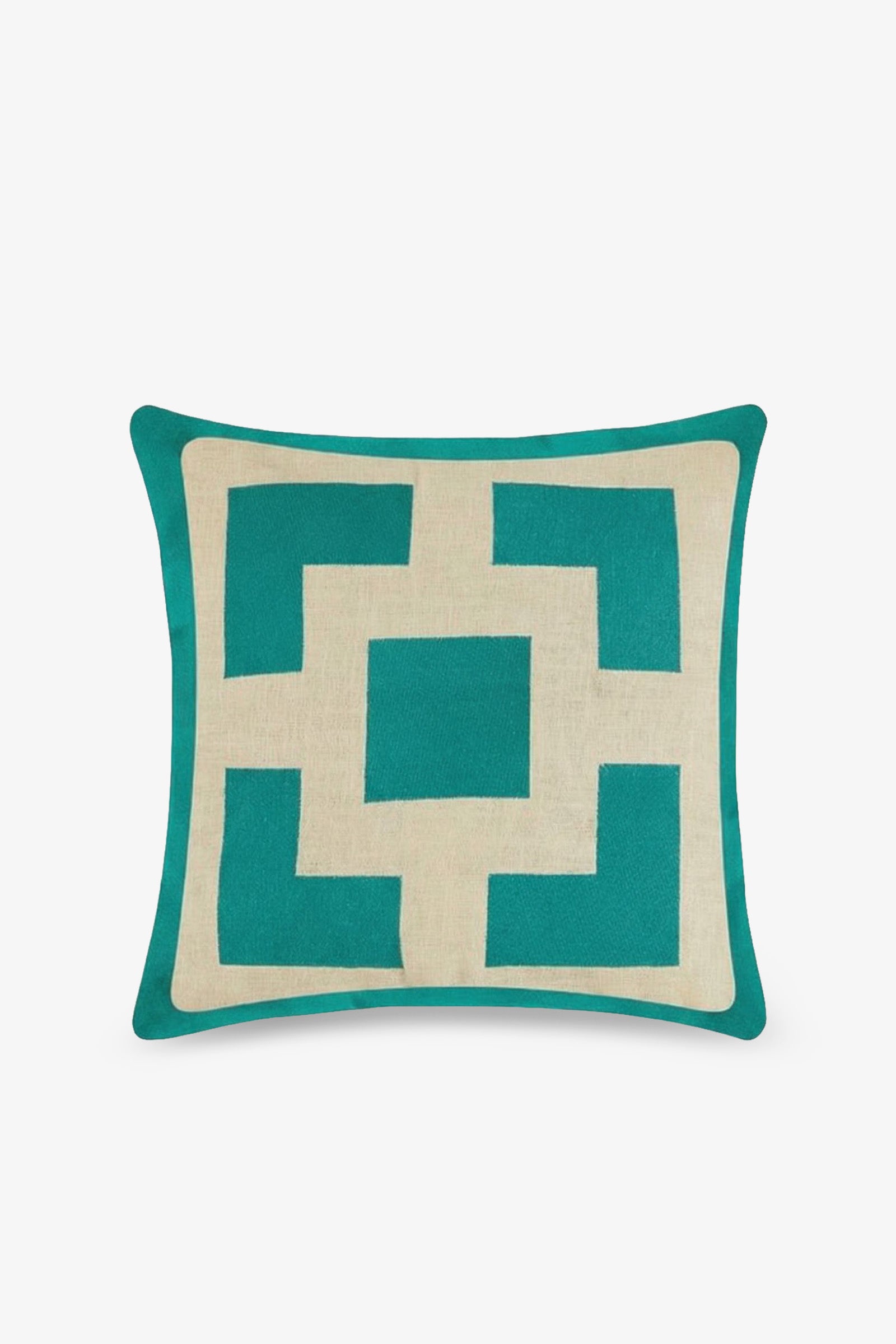 Palm Springs Block Embroidered Square Pillow features a geometric pattern in teal and beige on a white background, highlighted by a central square surrounded by angular shapes. This designer pillow includes a teal border and adds sophisticated flair to any space.