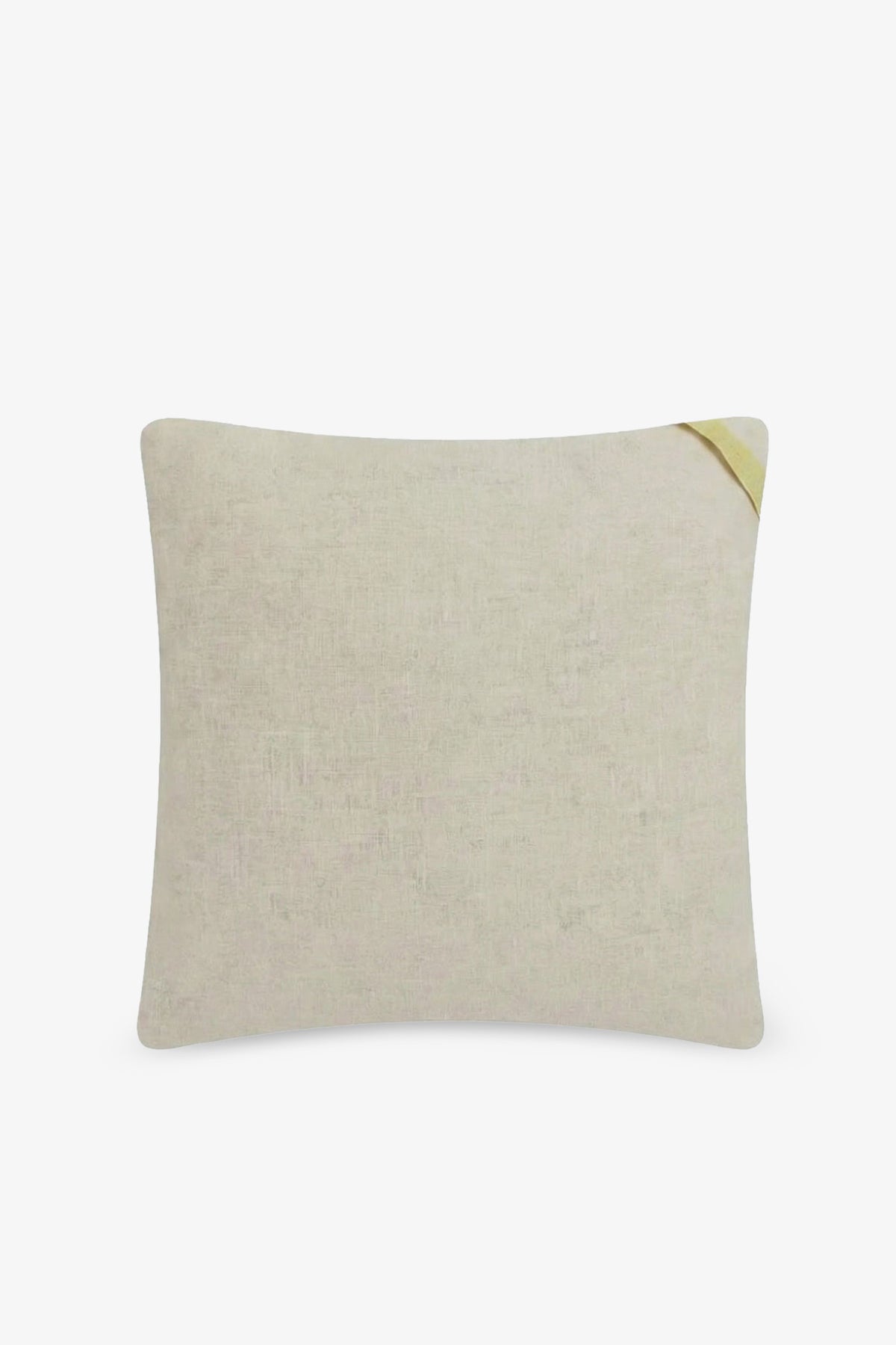 Featuring a stylish Trina Turk pillow cover, the Palm Springs Block Embroidered Square Pillow is a rectangular beige cushion with a subtle fabric texture and a small yellow accent in the top right corner, set against a plain white background. It is filled with plush down feathers for added comfort.