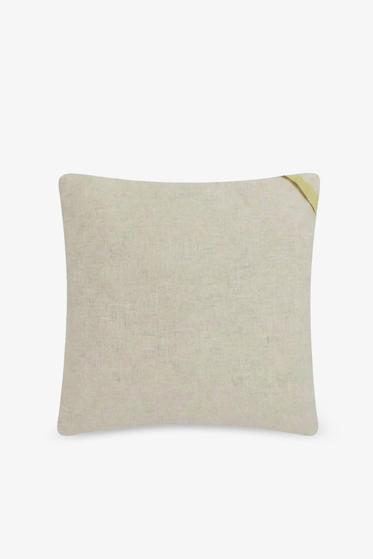 The Monterey Embroidered Square Pillow features a beige fabric with a subtle texture and a small yellow fabric tag on the top right corner, displayed against a plain white background.