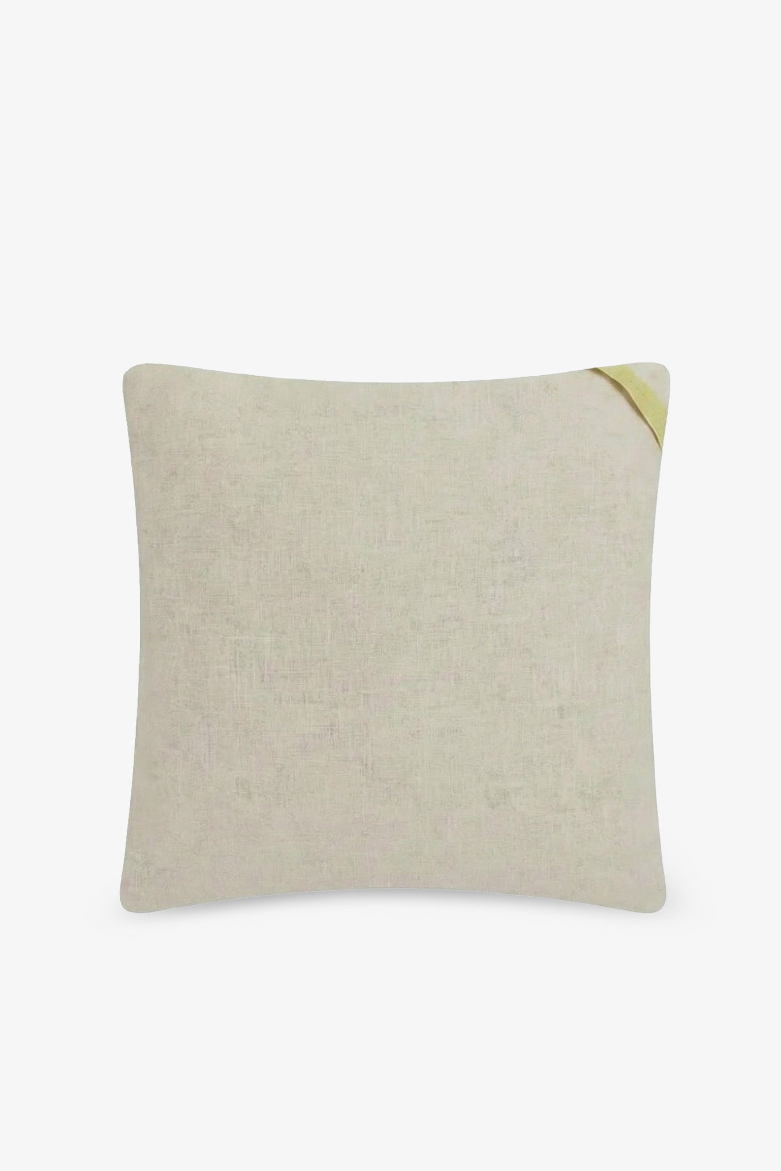 The Monterey Embroidered Square Pillow features a beige fabric with a subtle texture and a small yellow fabric tag on the top right corner, displayed against a plain white background.