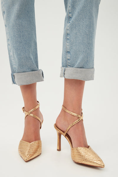 Gold pointed sales open toe heels