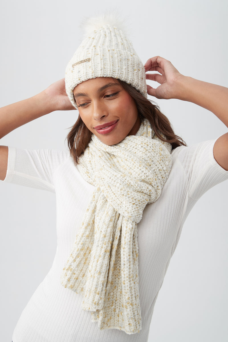 TT SPECKLED KNIT BEANIE AND SCARF in CREAM