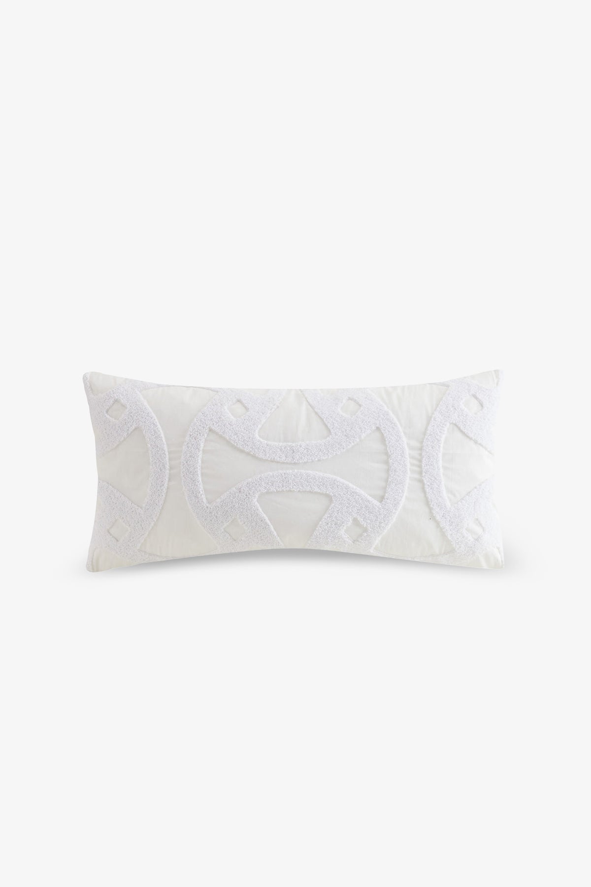 The Santorini Embroidered Lumbar Pillow is a rectangular white decorative pillow featuring a textured, geometric pattern embroidered in white on the front. Made from cotton percale, it boasts a plain, light background that highlights the pillow’s elegant design.