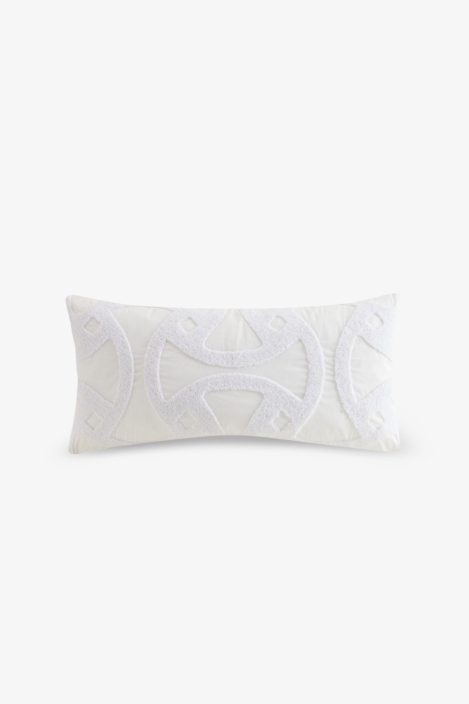 The Santorini Embroidered Lumbar Pillow is a rectangular white decorative pillow featuring a textured, geometric pattern embroidered in white on the front. Made from cotton percale, it boasts a plain, light background that highlights the pillow’s elegant design.