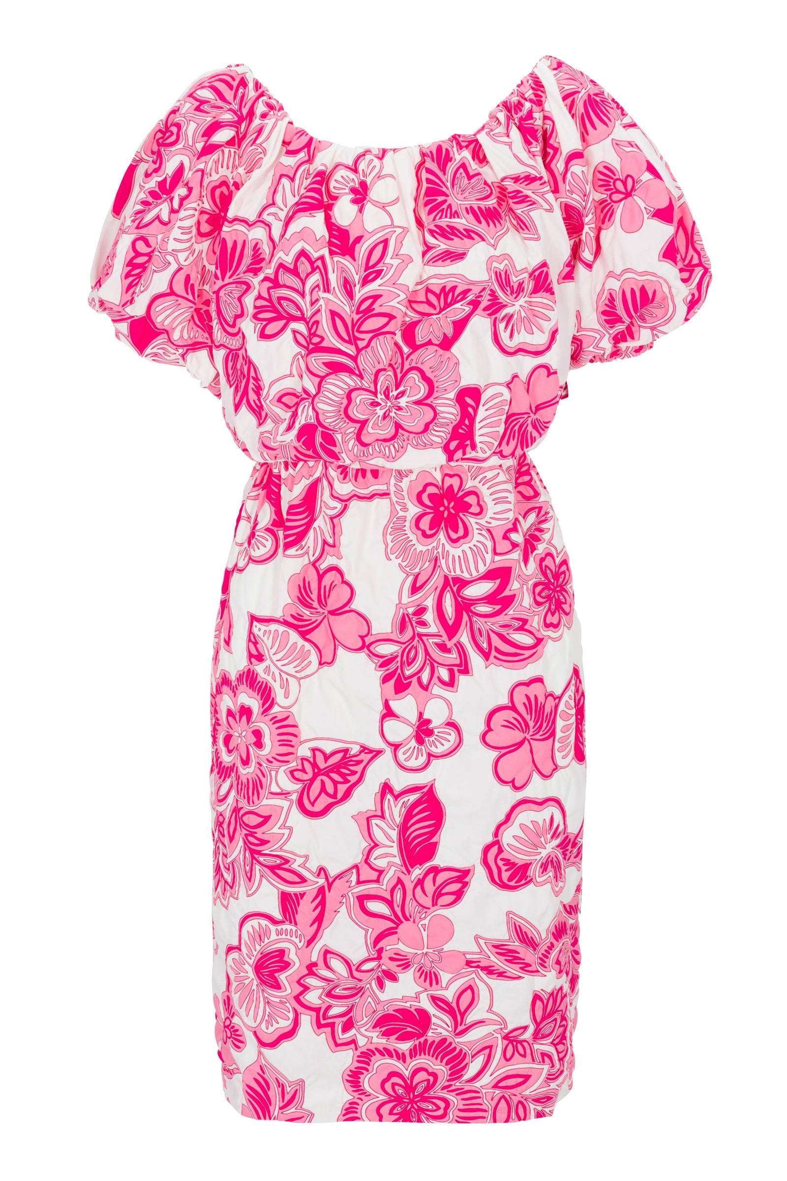 The Tatiana Dress is a white dress featuring an elastic waist, short puffed sleeves, and a vibrant pink floral pattern all over.