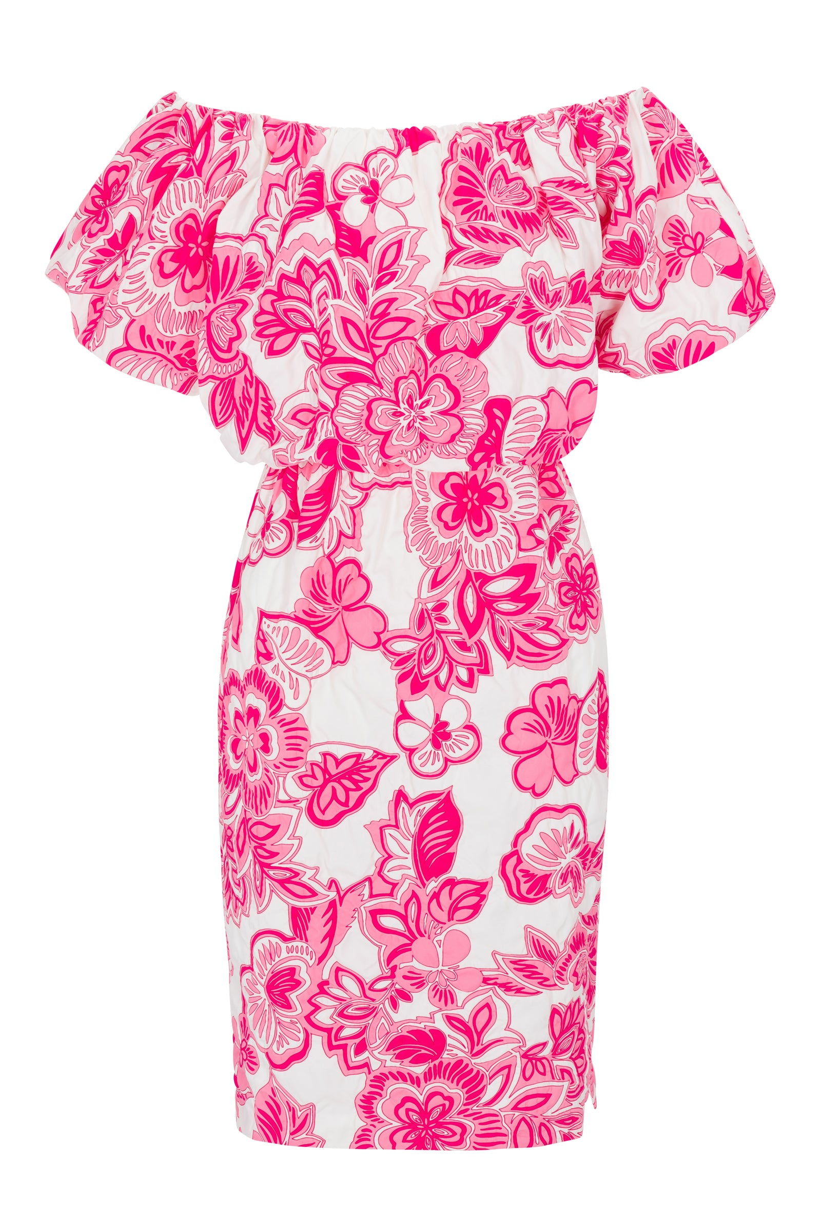 The Tatiana Dress is a white off-the-shoulder dress with short ruffled sleeves, showcasing a bold pink floral pattern throughout.