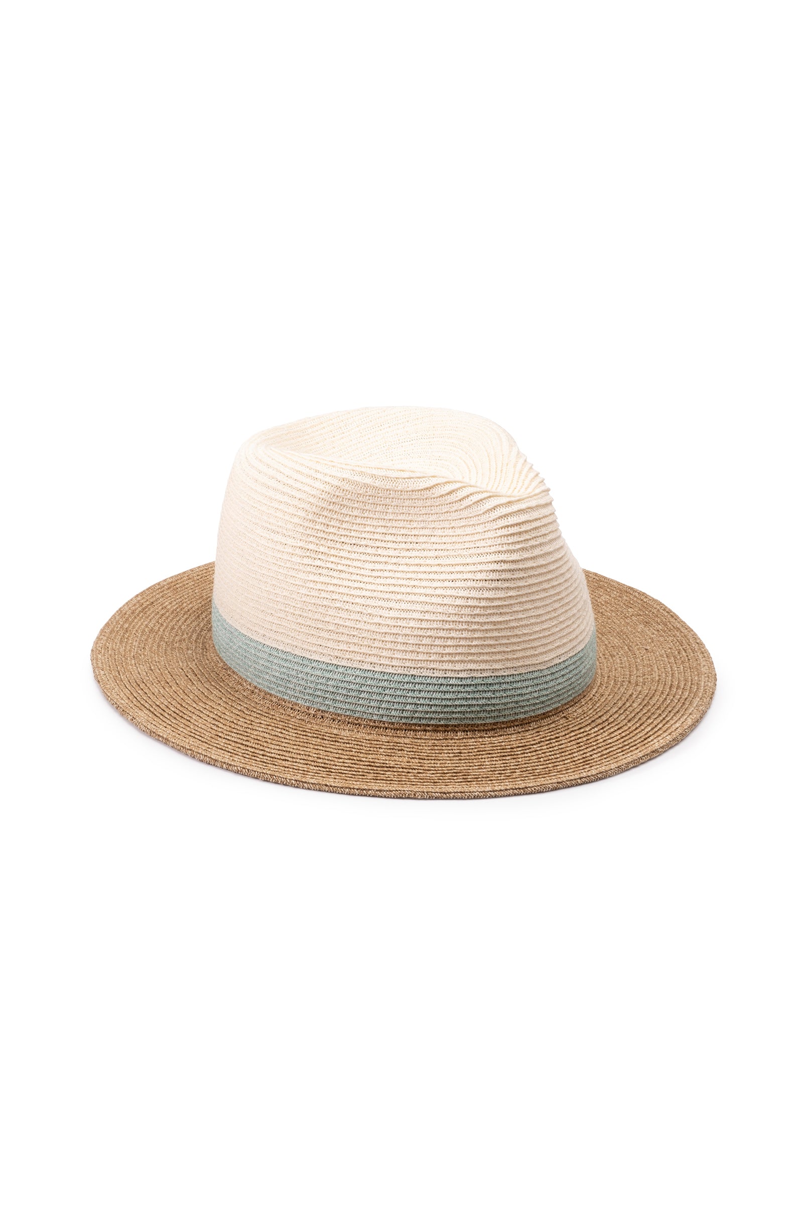 The Eugenia Kim Lyle Hat is an ivory straw fedora with a wide brim and light blue band around the crown, offering effortless beach-day style.