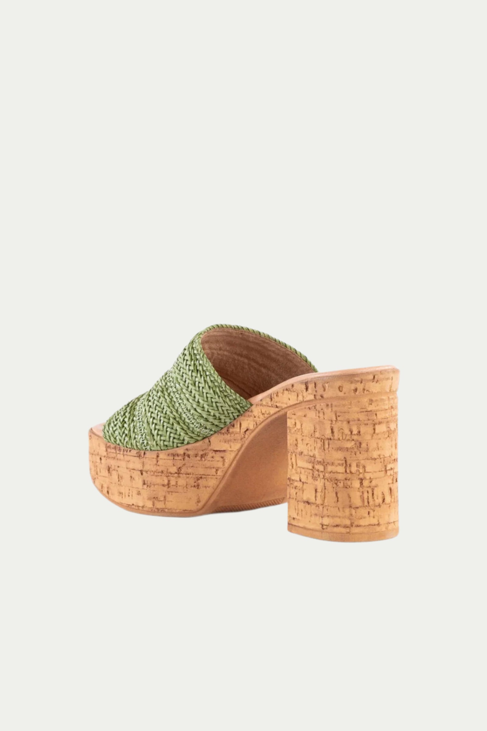 The Seychelles Applause Platform is a green woven raffia mule sandal with a chunky cork platform and high block heel, shown in a side view against a plain background.