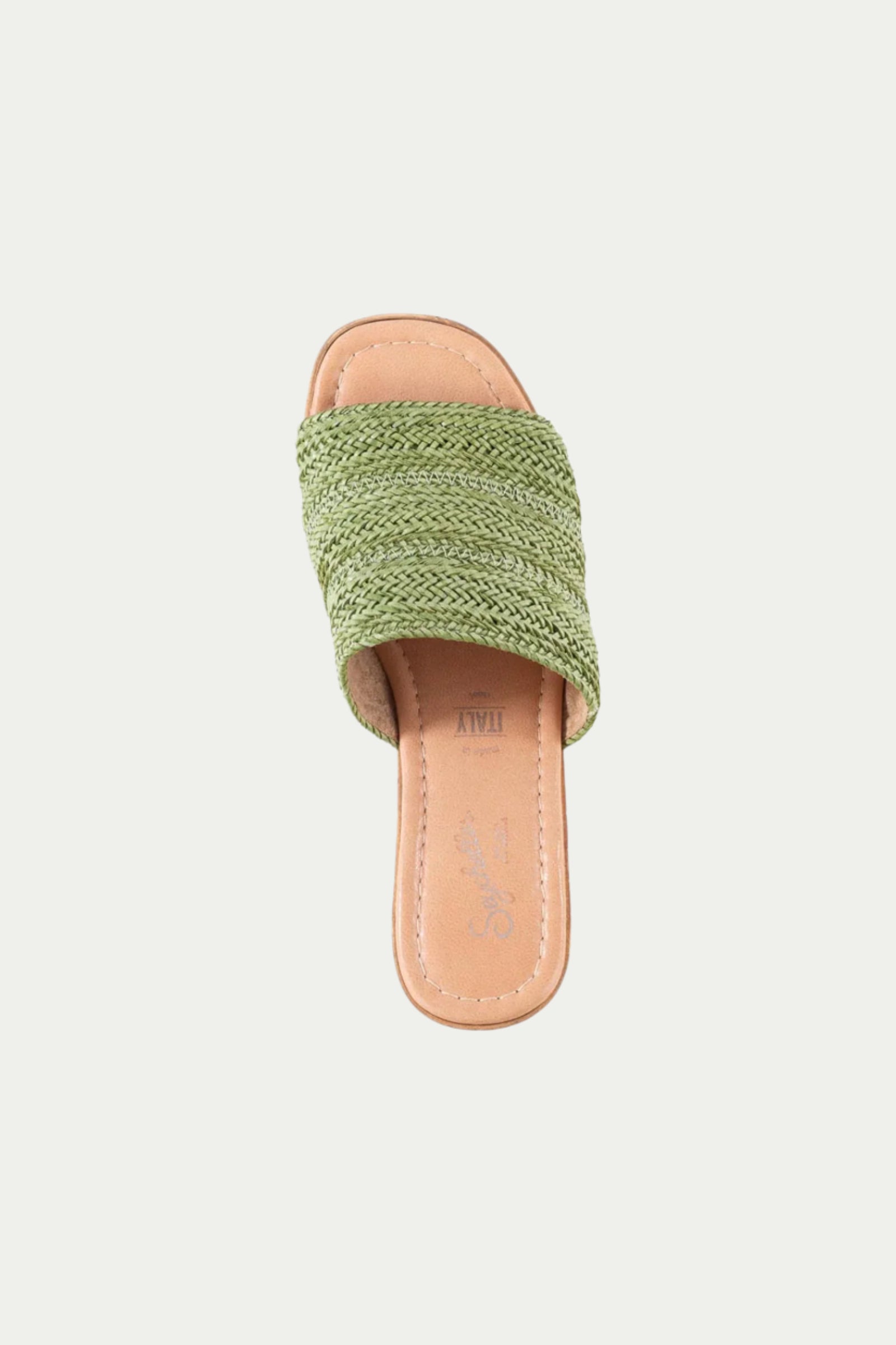 The Seychelles Applause Platform features a single woven raffia mule sandal with a green strap and tan sole, shown from above on a plain white background.