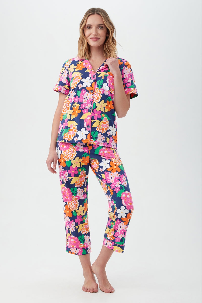 GREENHOUSE FLORAL WOMEN'S SHORT SLEEVE CROPPED PANT JERSEY PJ SET in MULTI additional image 3