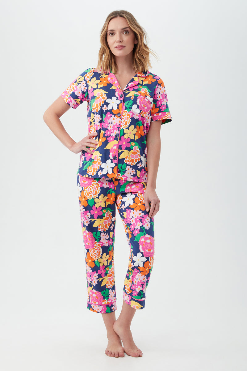 GREENHOUSE FLORAL WOMEN'S SHORT SLEEVE CROPPED PANT JERSEY PJ SET in MULTI additional image 4