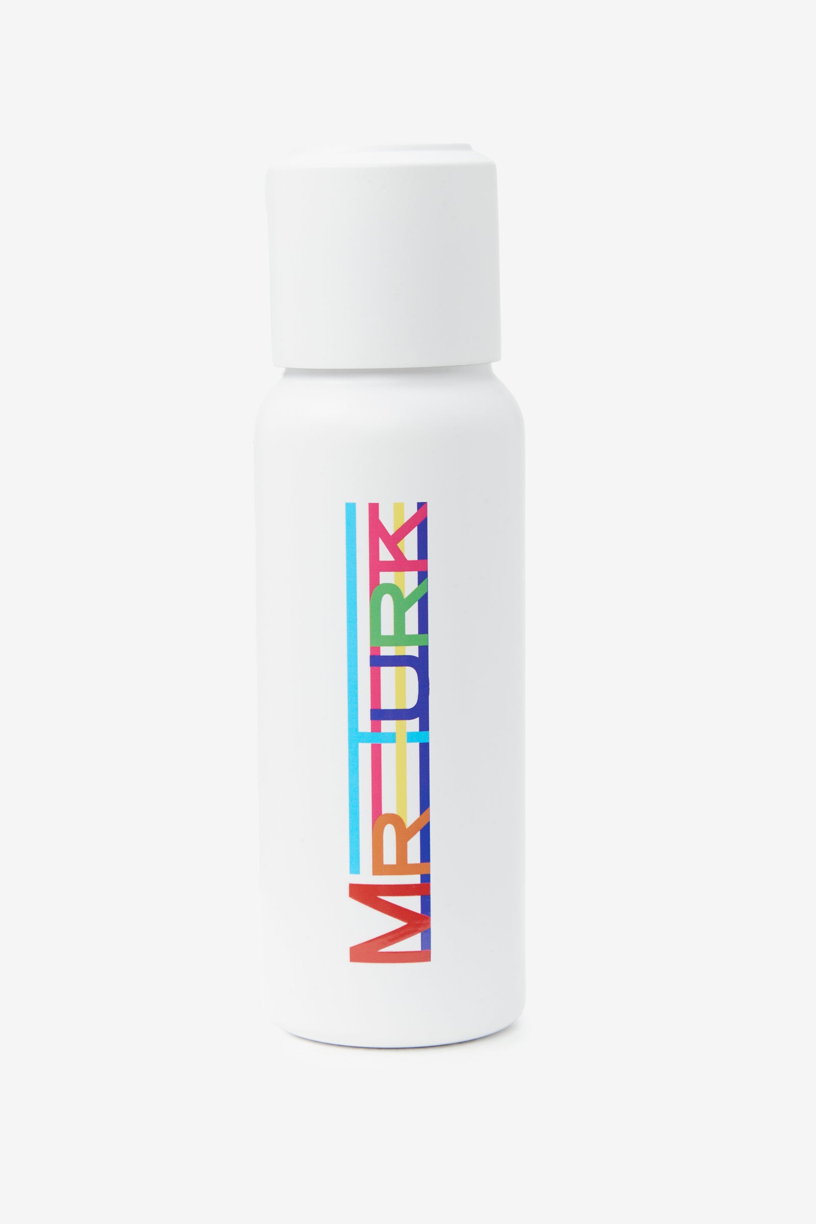 The Mr Turk Pride Water Bottle is white with “MR TURK” printed vertically in bold, colorful, overlapping letters. It features a wide, cylindrical cap and a minimalist design.