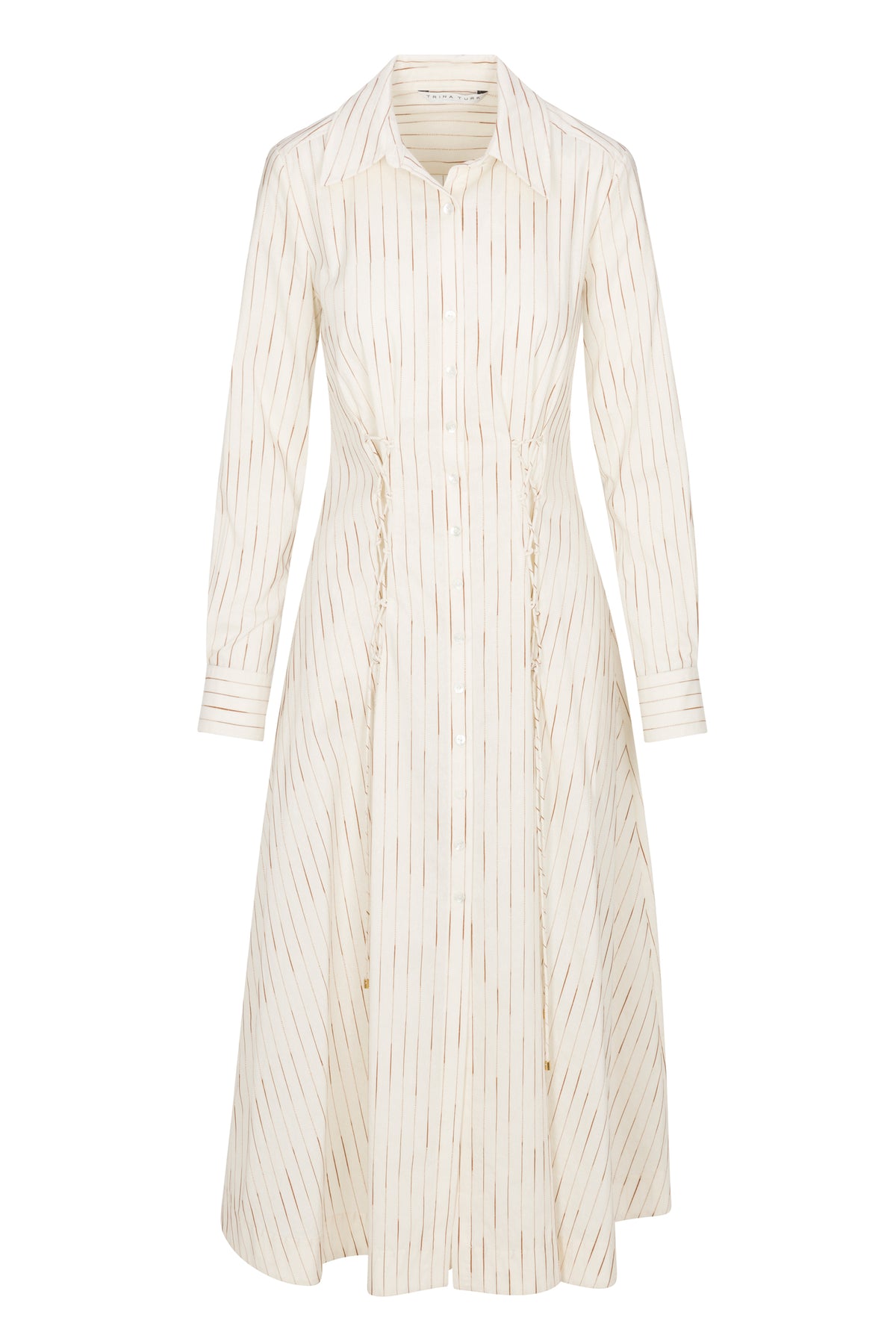 The Omari Dress is a cream, knee-length, long-sleeve shirt dress with thin vertical brown stripes, a collared neckline, button-down front, and slightly fitted waist.