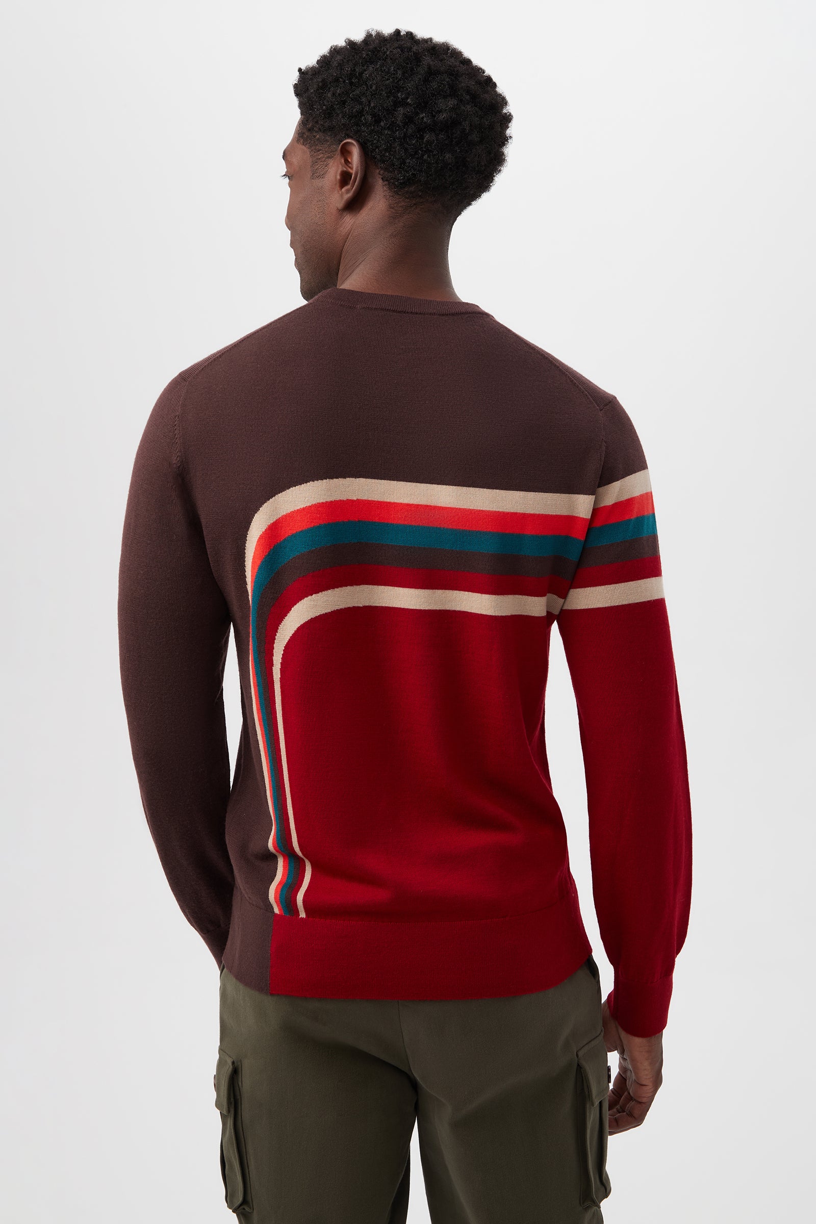 A man faces away wearing the Rowan Crewneck Sweater - Merino Wool in brown with red, beige, teal, and yellow curved stripes on the back and sleeve, paired with olive green cargo pants. The background is plain and light.