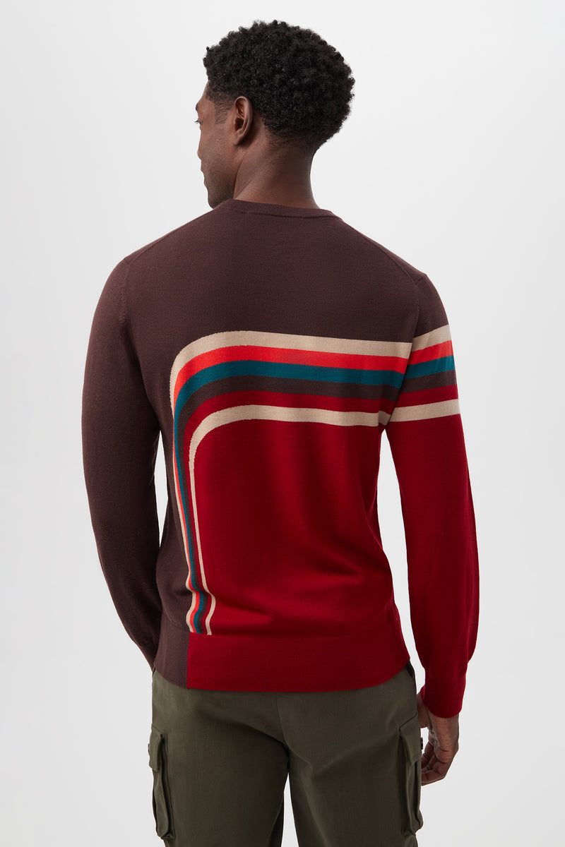 A man faces away wearing the Rowan Crewneck Sweater - Merino Wool in brown with red, beige, teal, and yellow curved stripes on the back and sleeve, paired with olive green cargo pants. The background is plain and light.