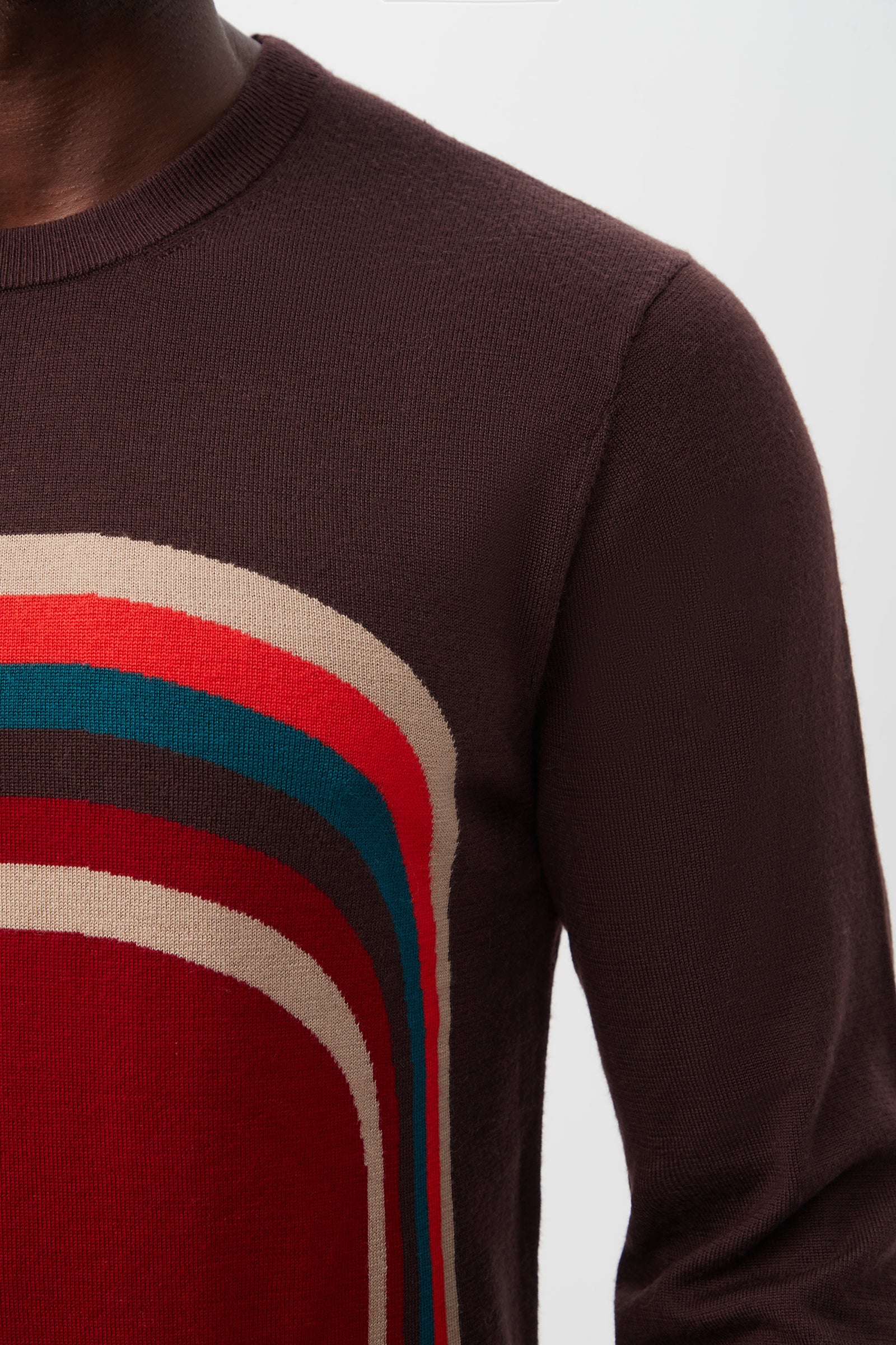 A close-up of a person wearing the Rowan Crewneck Sweater—Merino Wool—in brown, featuring curved multicolored stripes (red, beige, teal, dark red) across the chest and shoulder. Only part of the face and upper body is visible.