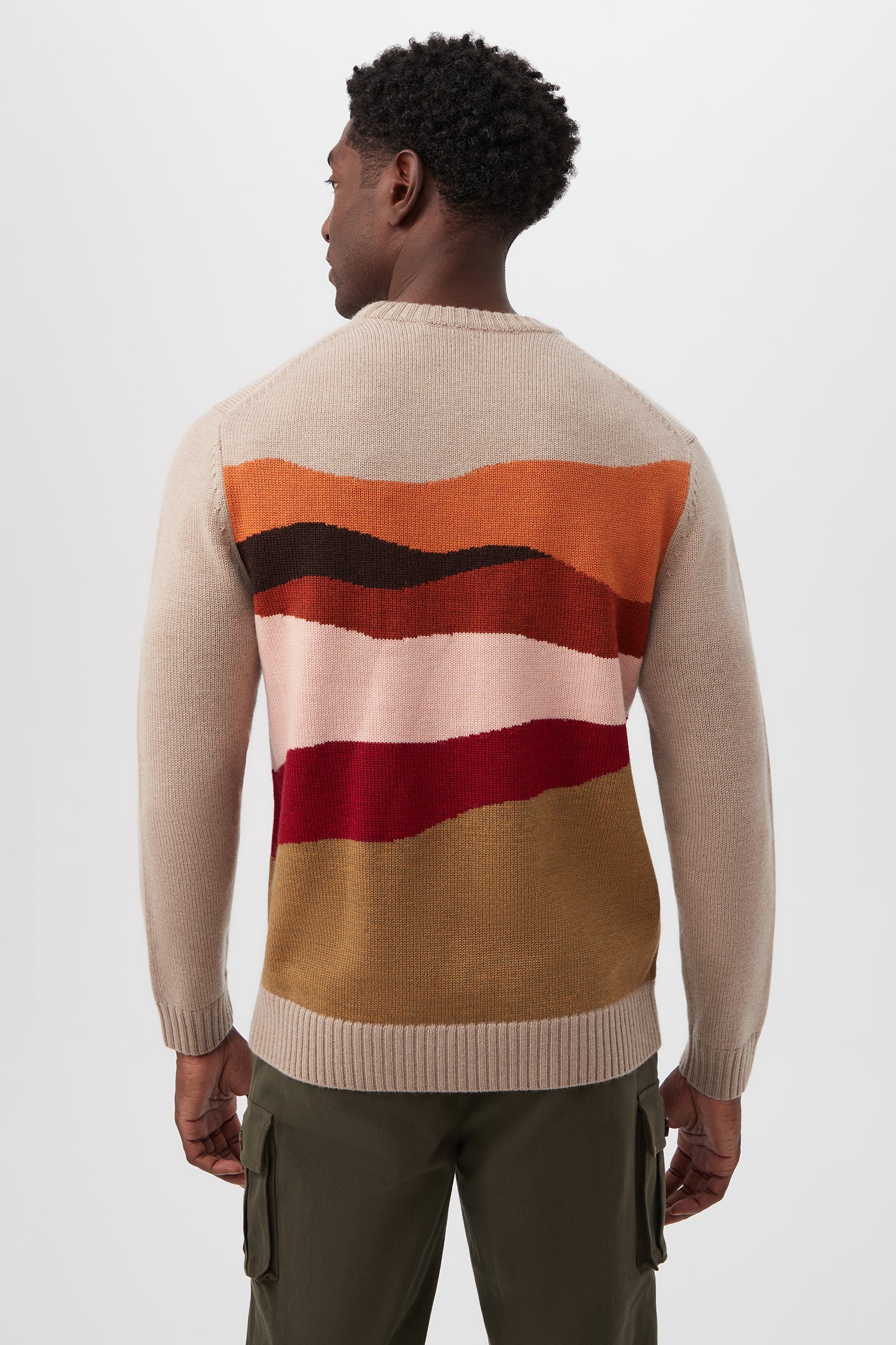 A man faces away wearing the Murphy Long-Sleeve Crewneck in beige merino wool, featuring a colorful abstract wave pattern. He pairs it with olive green pants against a plain light background.