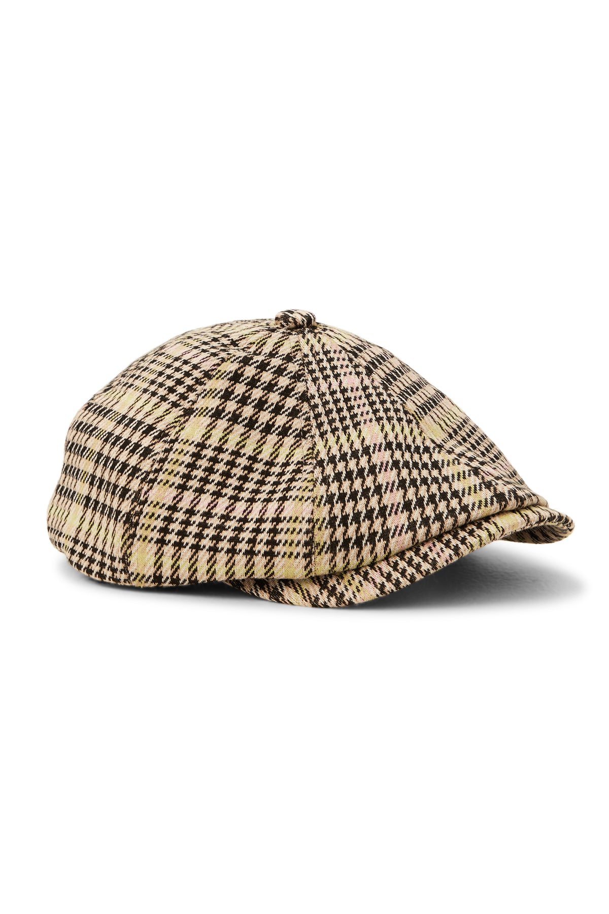 The Tt Bailey Plaid Baker Hat features a brown, beige, and cream plaid design with a top button, ideal for upgrading your fall style. Displayed against a white background.
