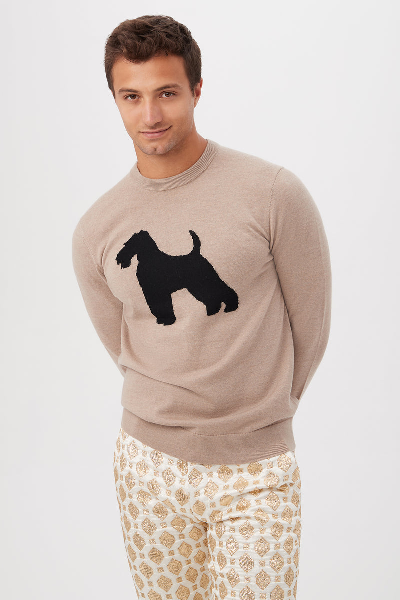 A man with short brown hair wears the Weston Airedale Terrier Sweater in merino wool, featuring a large black dog silhouette, paired with patterned cream trousers against a plain white background.