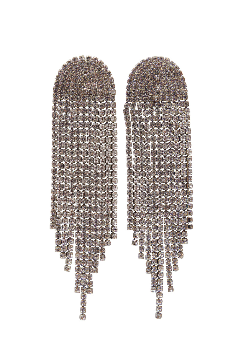 The Kjl Rhinestone Crystal Waterfall Earrings in CRYSTAL/GOLD feature a rounded top and multiple cascading rows of sparkling rhinestones for a stunning, fringed waterfall effect.