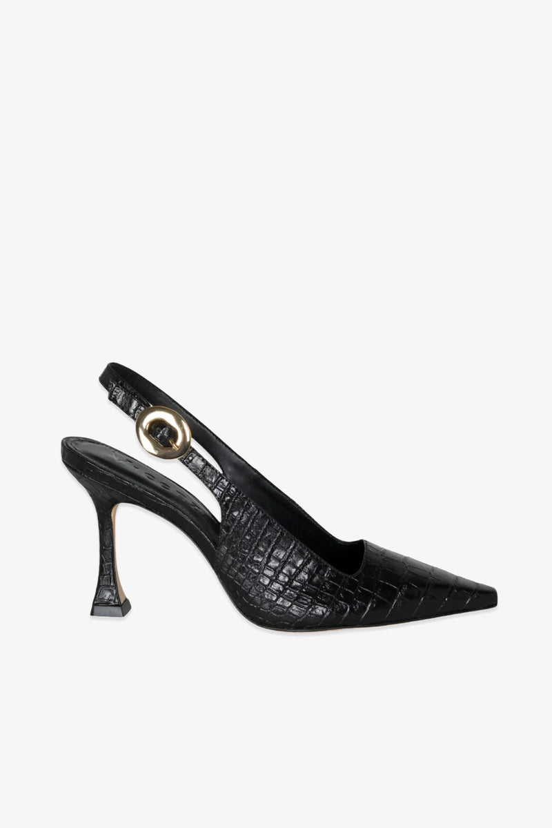 The Naomi Slingback Heel is a black, crocodile-textured high heel featuring a pointed toe and a gold buckle accent on the strap, displayed against a plain white background.