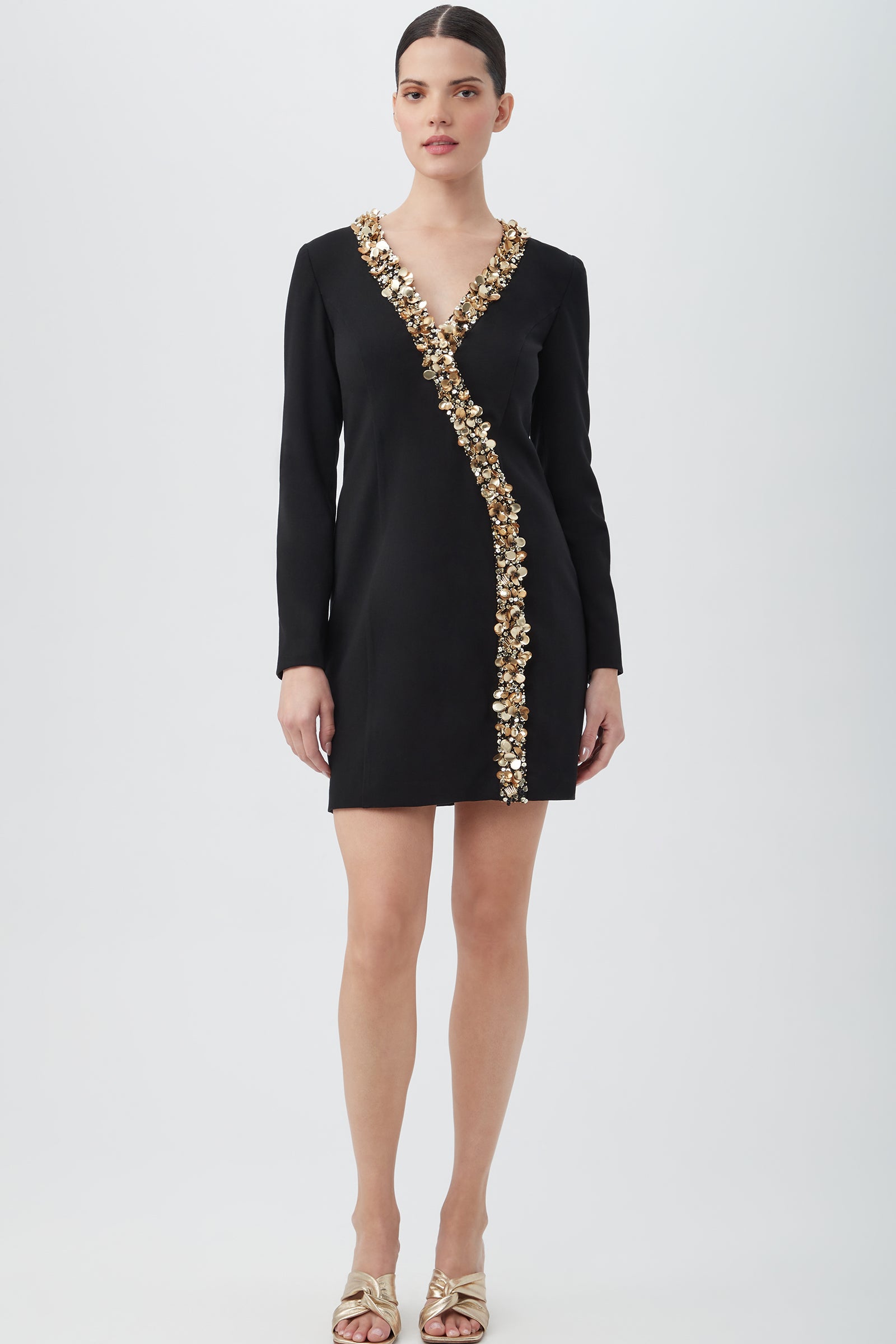 Darliah Black Long-Sleeve Cocktail Dress With Gold Trim