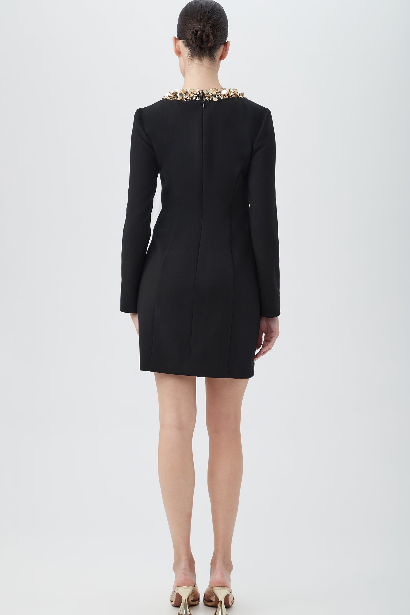 Darliah Black Long-Sleeve Cocktail Dress With Gold Trim