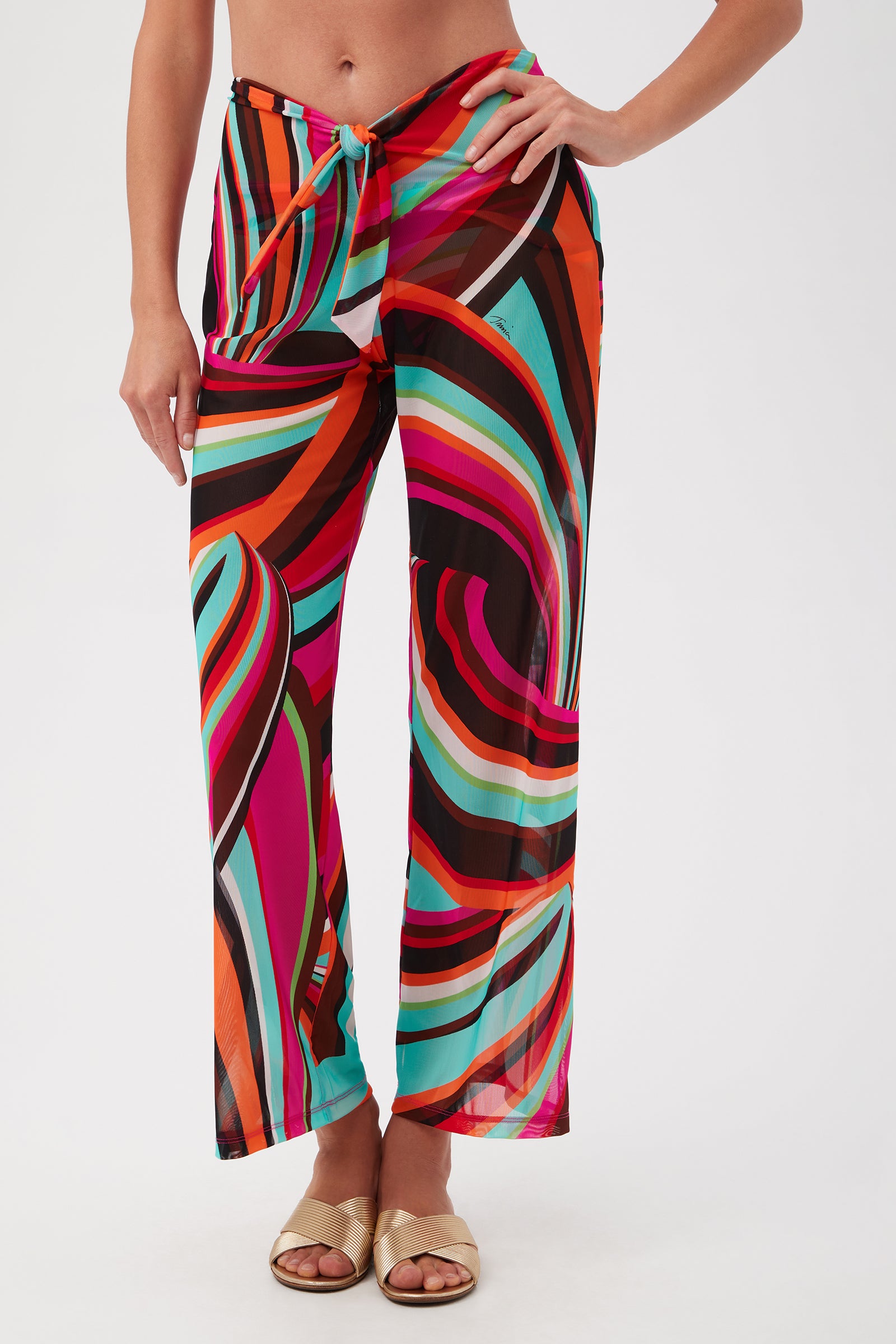 A person wearing Swoop Mesh Tie-Front Wide-Leg Cover-Up Pants in Multi, featuring a bold tropical pattern and high waist, paired with beige sandals. Only the lower torso and legs are visible.