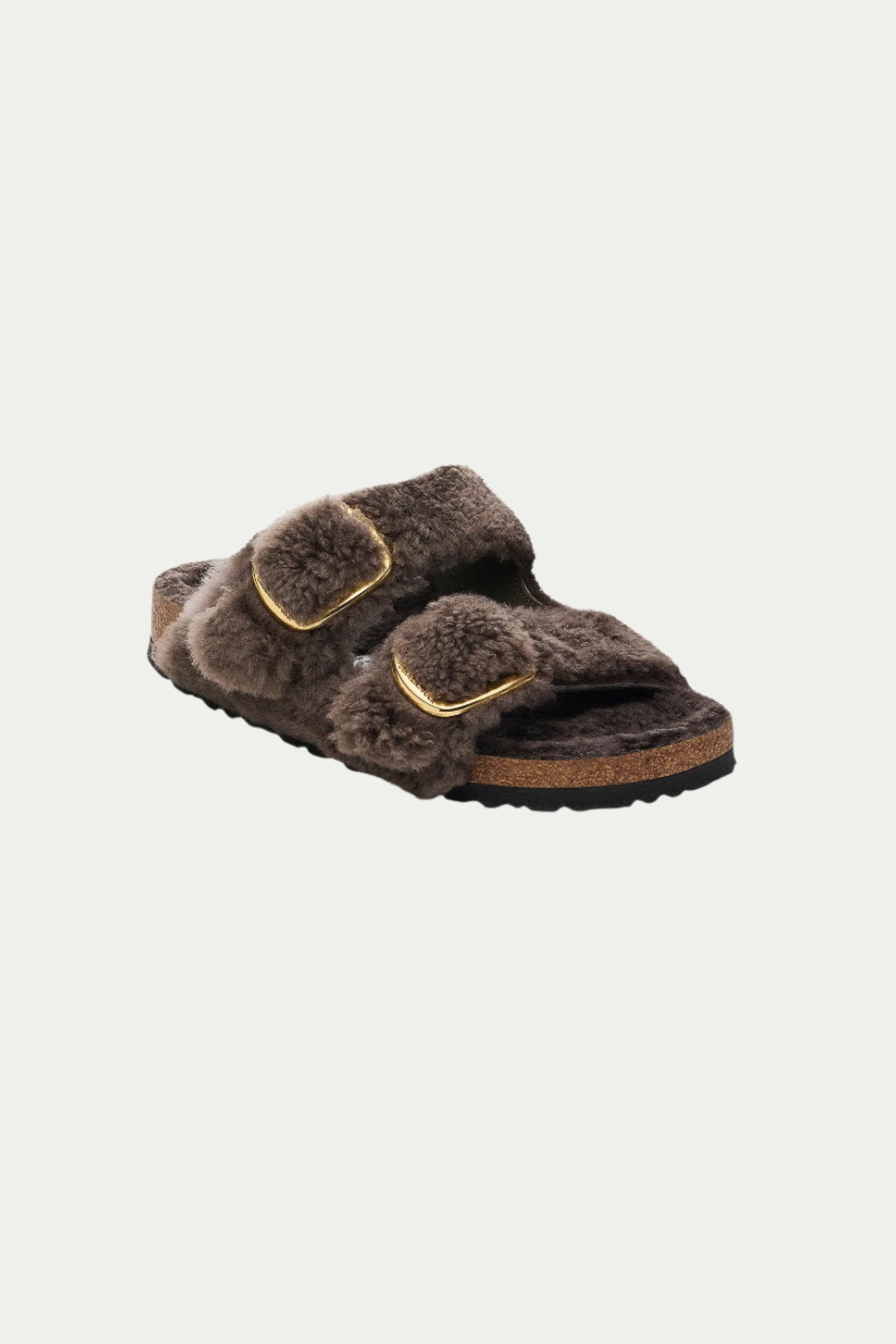 A grey Womens Arizona Big Buckle Teddy Birkenstock sandal with two gold buckles and a cork sole, displayed at an angle on a plain white background.