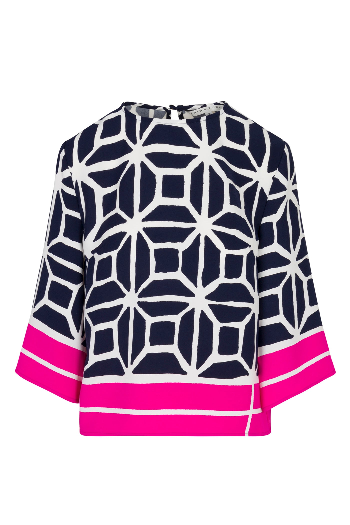 The Muria 3/4-Sleeve Top in Durell Georgette features a navy blue base with a white geometric pattern and striking hot pink bands at the cuffs and hem.