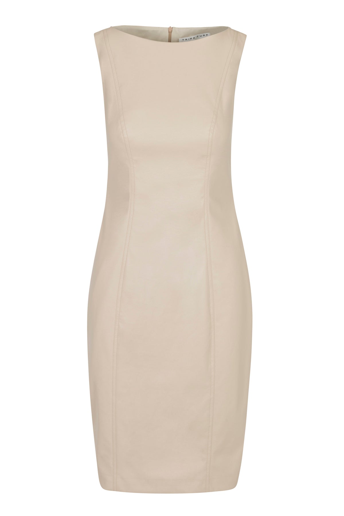 The Emerson Dress is a sleeveless, fitted beige dress featuring a high neckline, subtle front seam detailing, and a knee-length, elegant design.