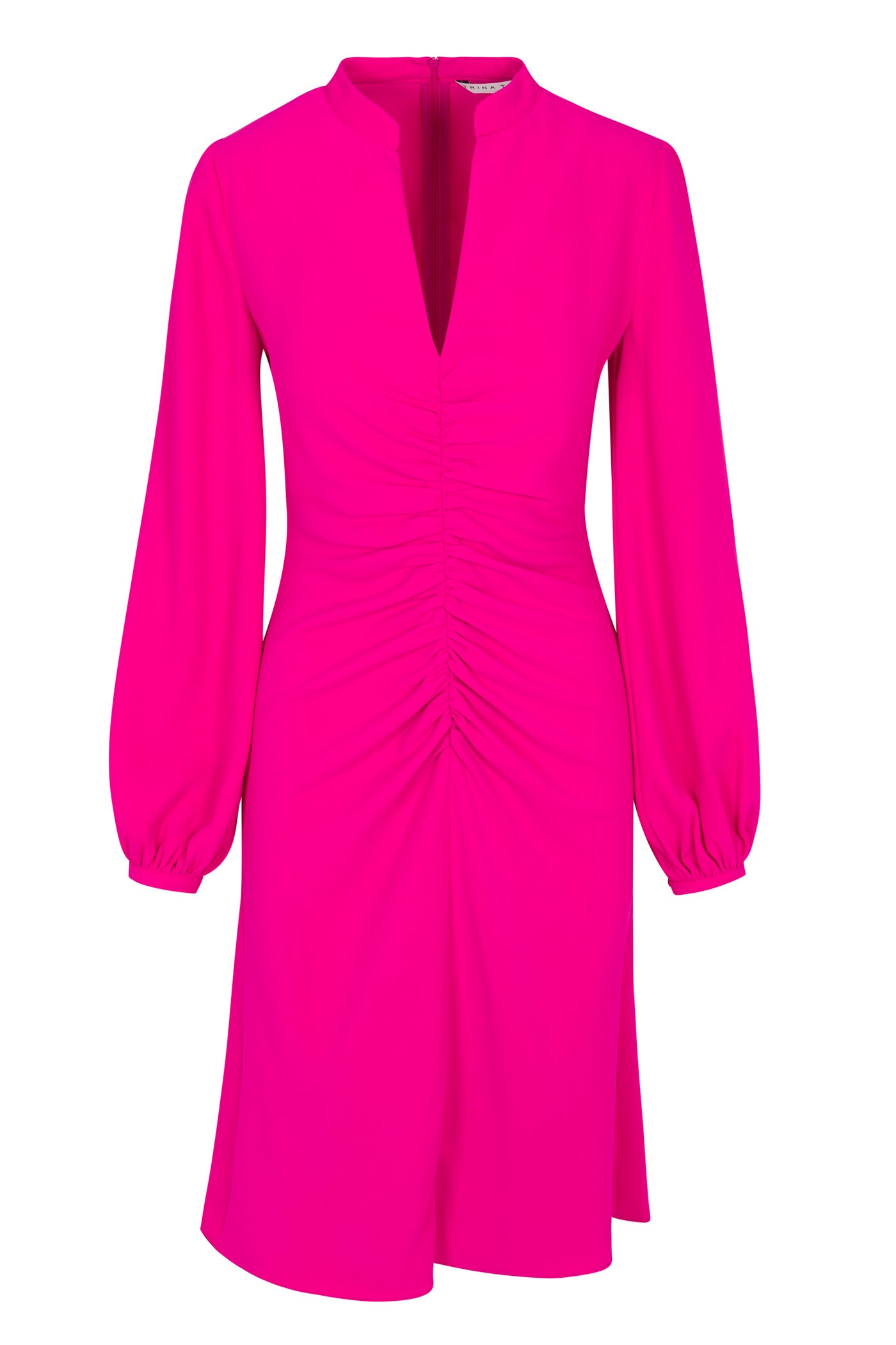 The Lora Dress is a bright pink, long-sleeve, V-neck dress featuring ruched front detailing, slightly gathered cuffs, a knee-length hem, and a fitted silhouette.