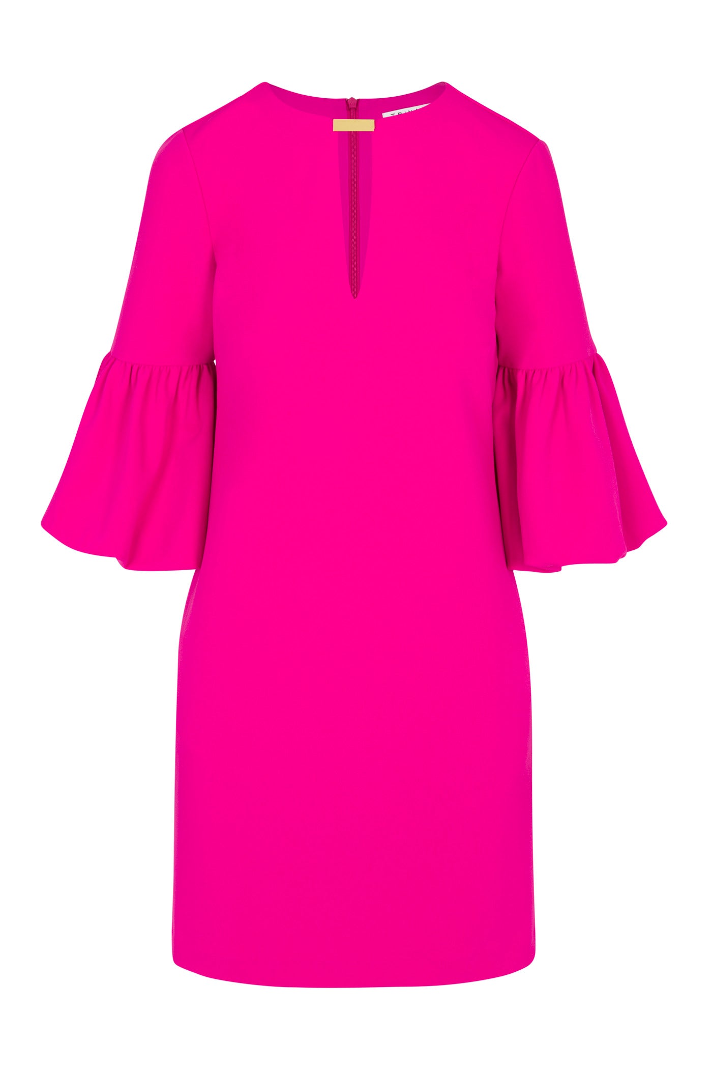 The Redford Dress is a bright pink, knee-length dress with flared three-quarter sleeves, a small slit neckline, modern design, and a visible back zipper.