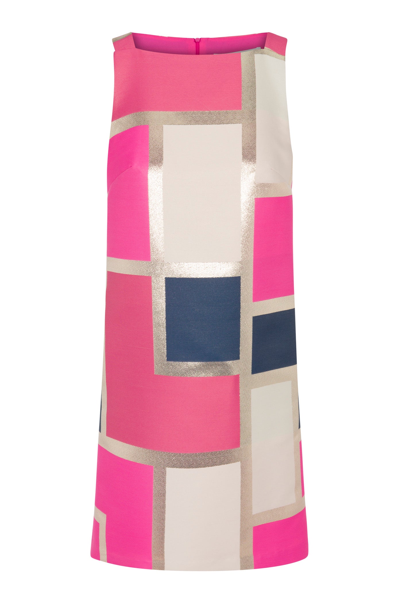 The Creosote Dress - Block Party Jacquard is a sleeveless shift dress with a straight cut and back zipper, featuring bold geometric blocks of pink, navy, cream, and metallic gold on white jacquard.