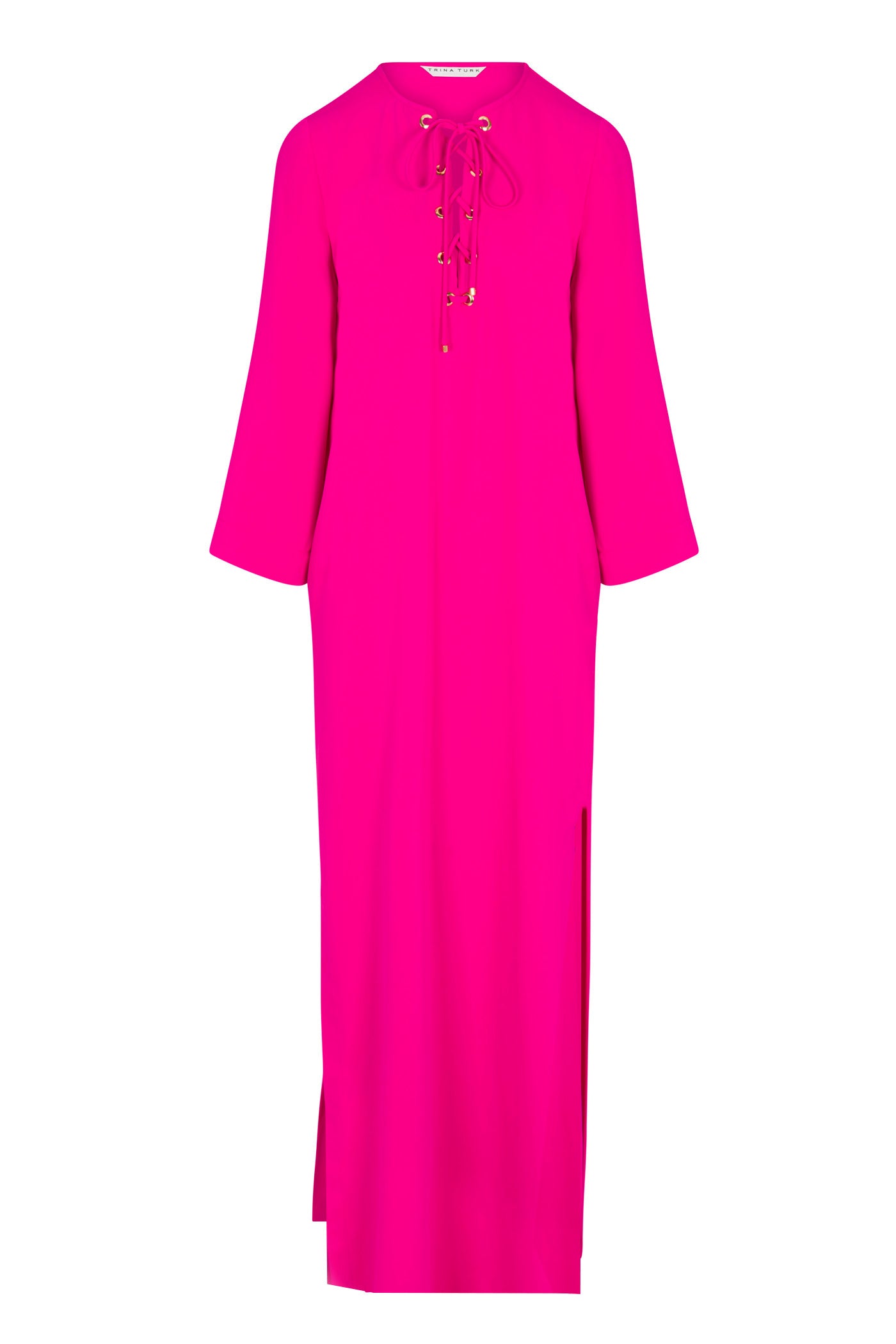 The Catamaran 3/4-Sleeve Maxi Dress is a bright pink, loose-fit maxi with a lace-up neckline and a side slit near the hem.