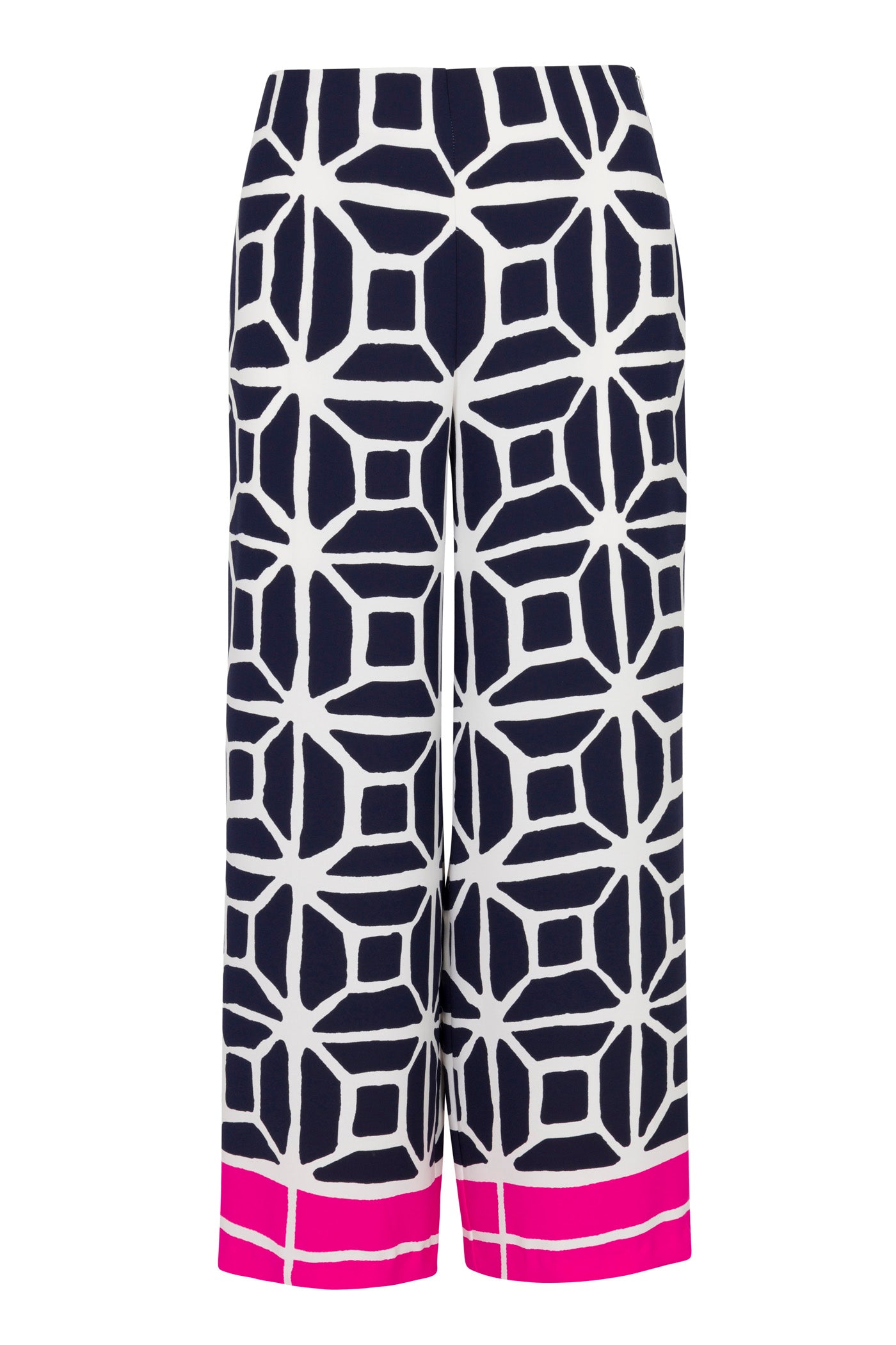 The Orlett Wide-Leg Crop Pant - Durell Georgette features a bold navy and white geometric pattern with bright pink and fuchsia stripes accenting the hem of each leg.