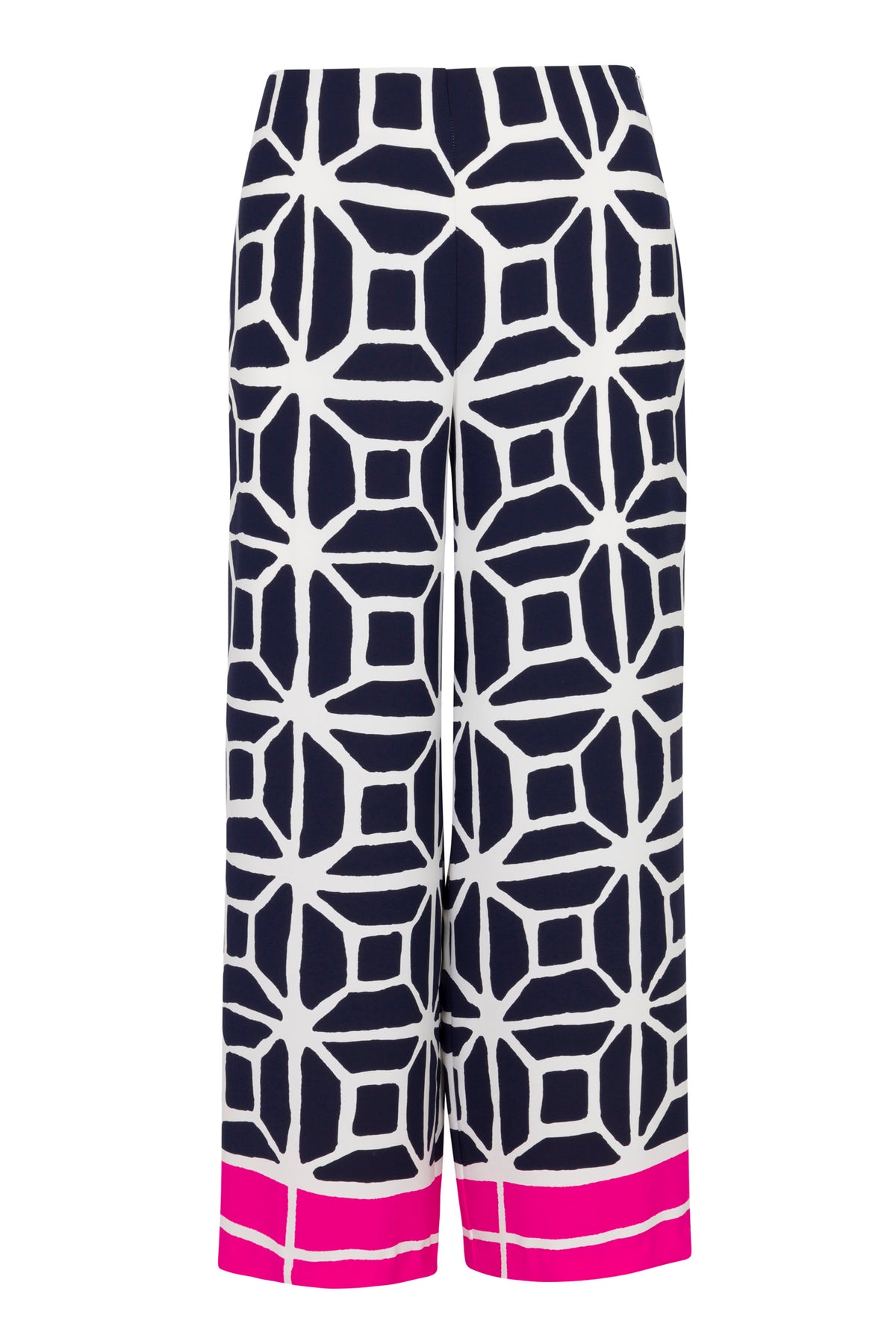 The Orlett Wide-Leg Crop Pant - Durell Georgette features a bold navy and white geometric pattern with bright pink and fuchsia stripes accenting the hem of each leg.