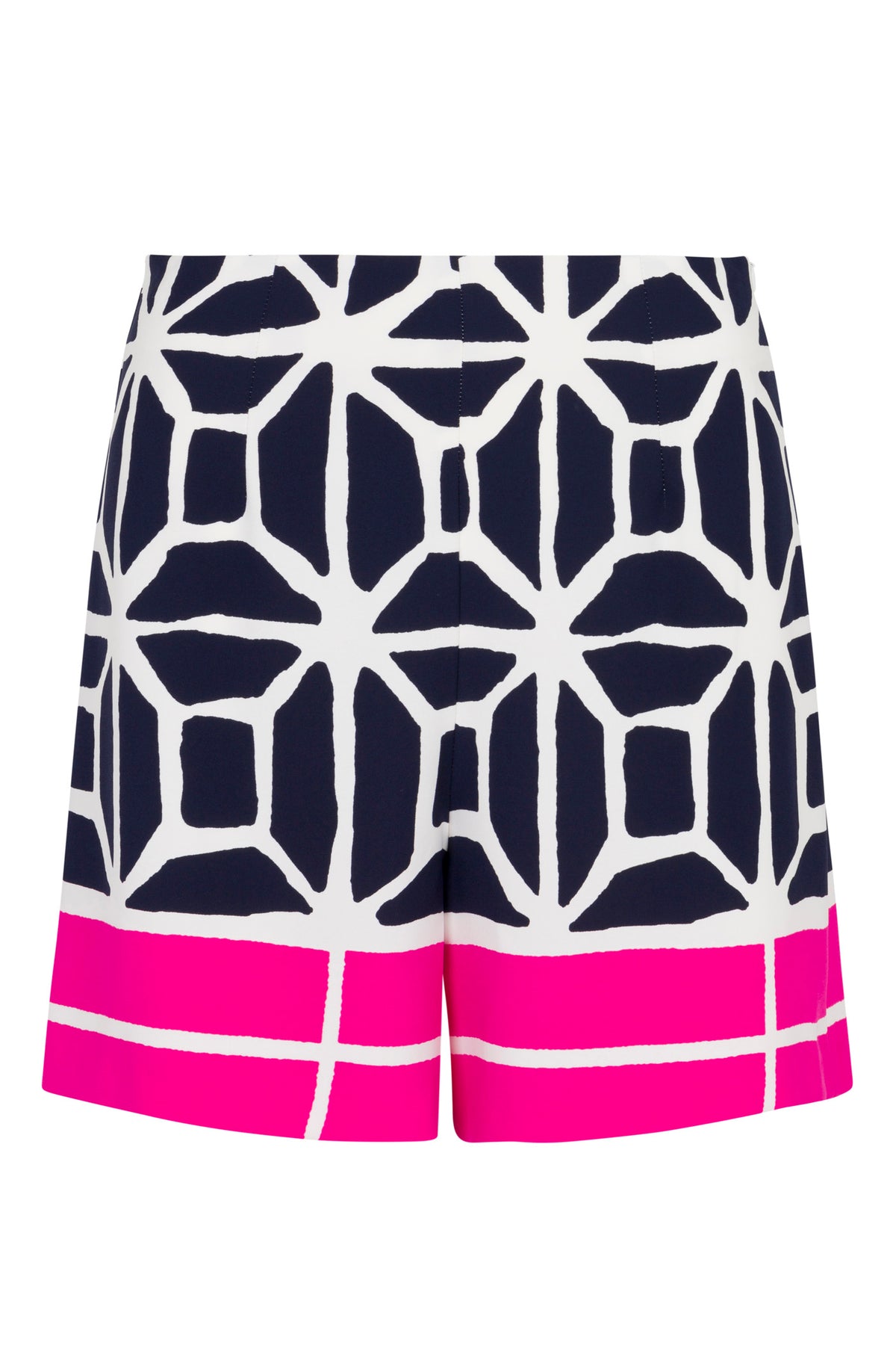 The Shalyn Shorts - Durell Georgette feature a navy blue and white geometric pattern with a bold hot pink and white graphic border at the hem and intersecting lines that create abstract shapes.