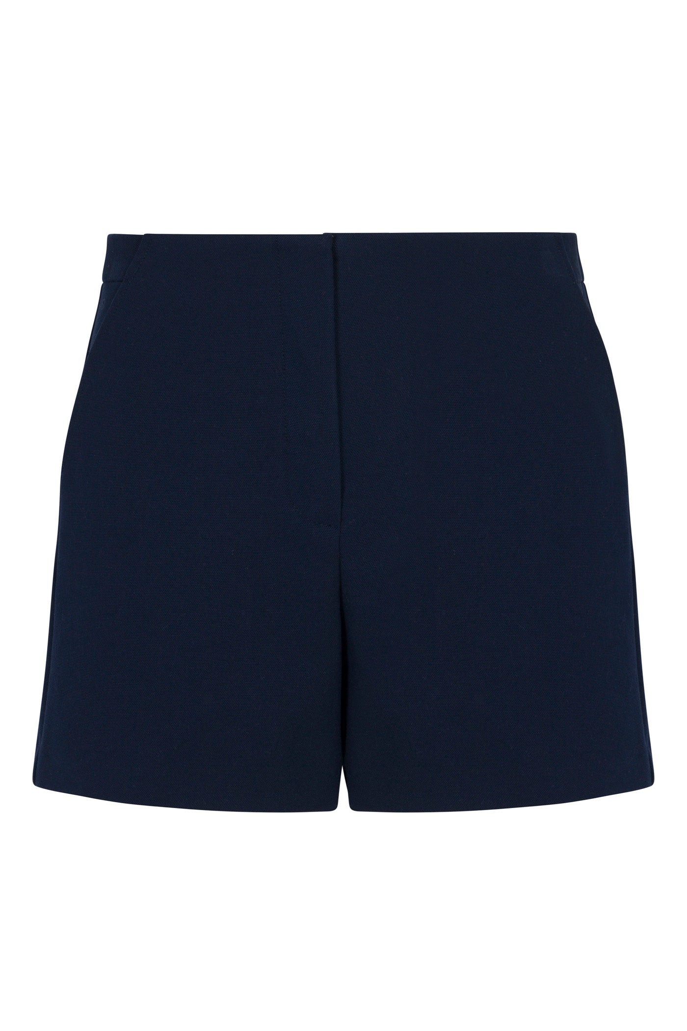 Valera Shorts - Stretch Piqué: Navy blue tailored shorts with a flat front, side pockets, and a clean, minimalist design, shown against a white background.