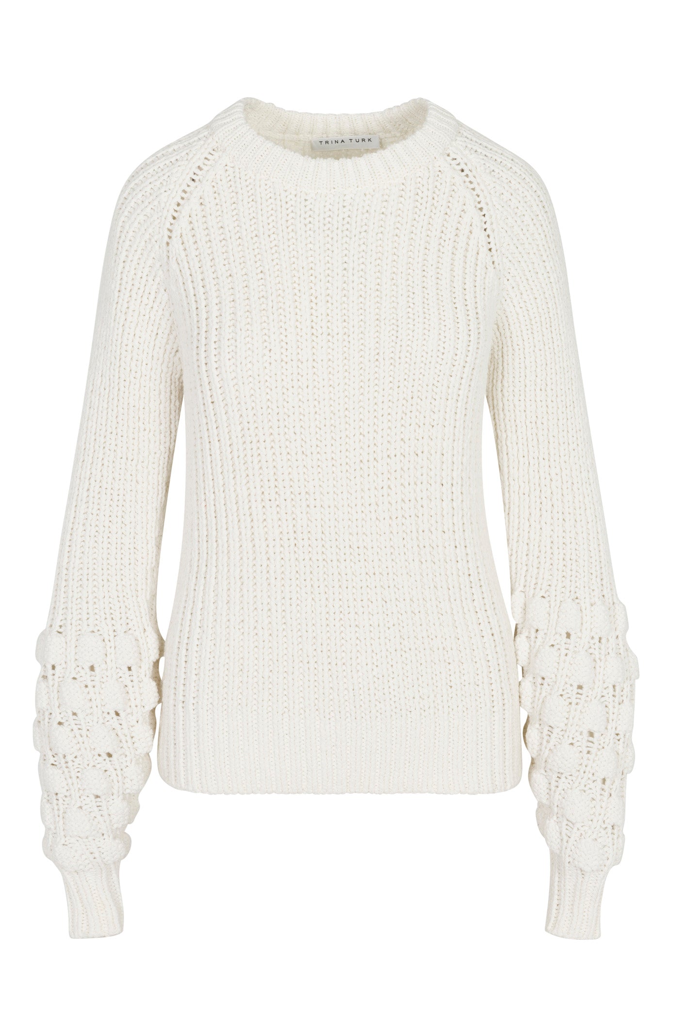The Bellanca 2 Sweater is a cream, long-sleeve knit with a ribbed body and upper arms, plus chunky textured bubble details on the lower sleeves.